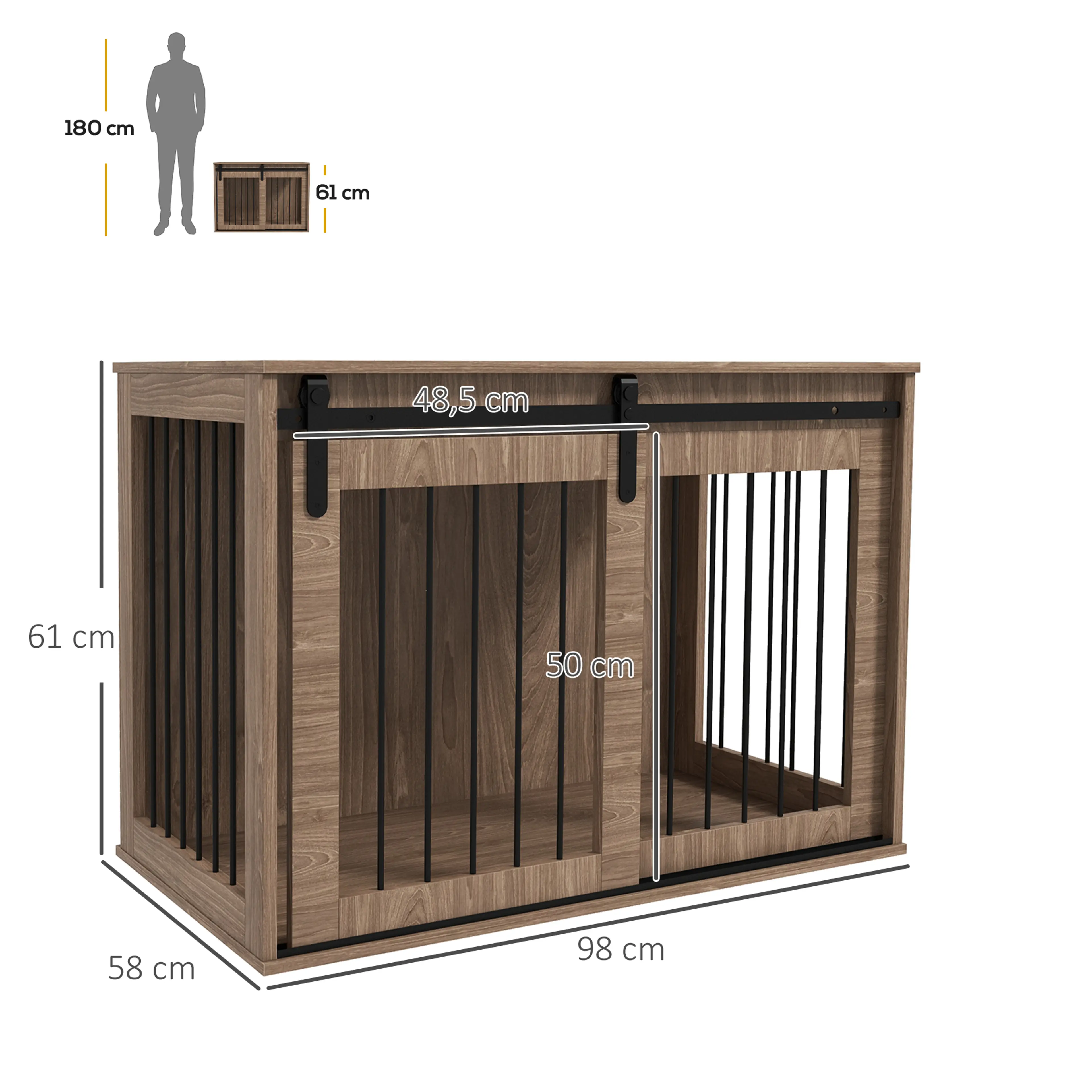 Måttskiss över hundburen i valnöt: 98 × 58 × 61 cm utvändigt och dörren 48,5 cm bred