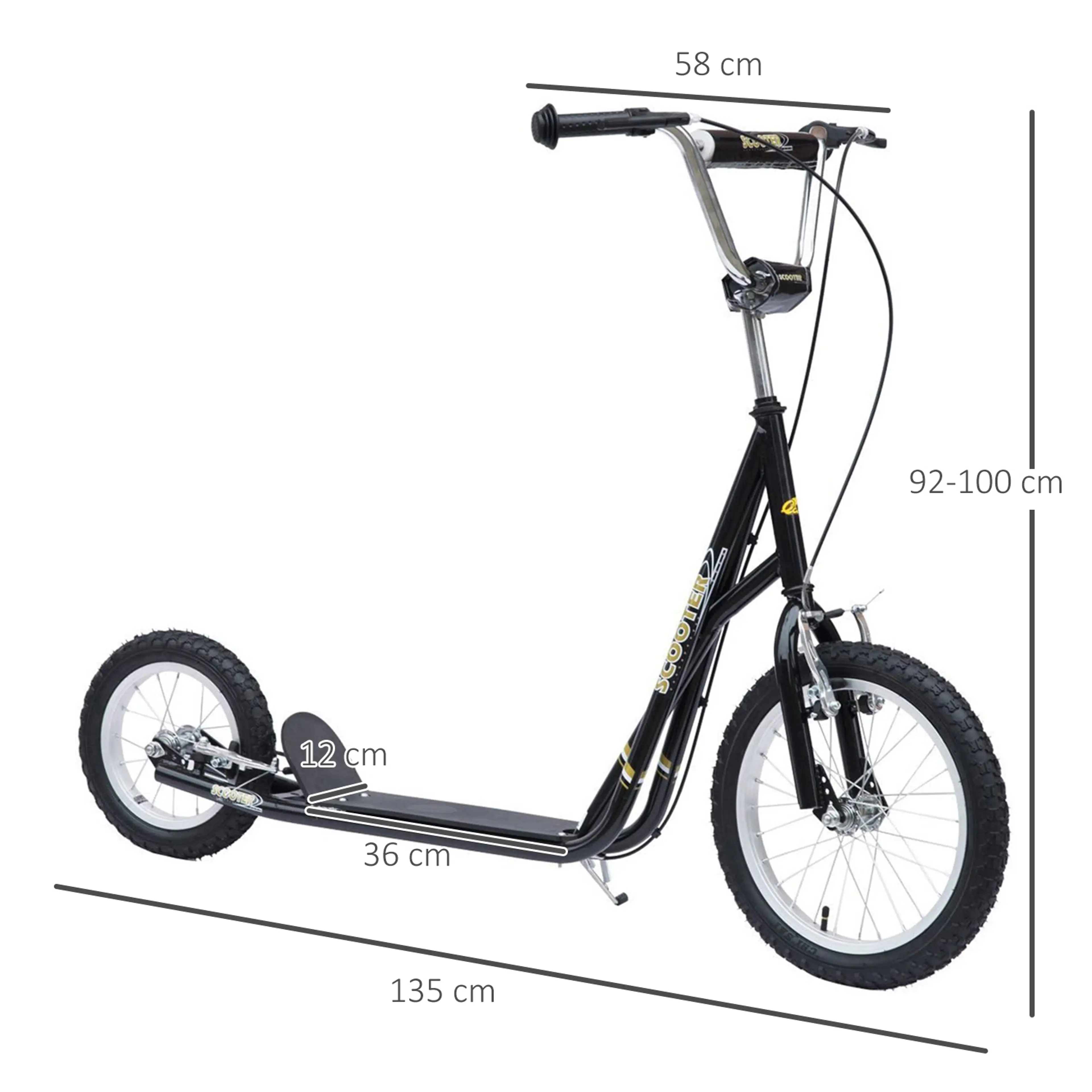 Måttskiss: 135 cm lång, 58 cm bred, styre 92–100 cm och fotplatta 36 cm
