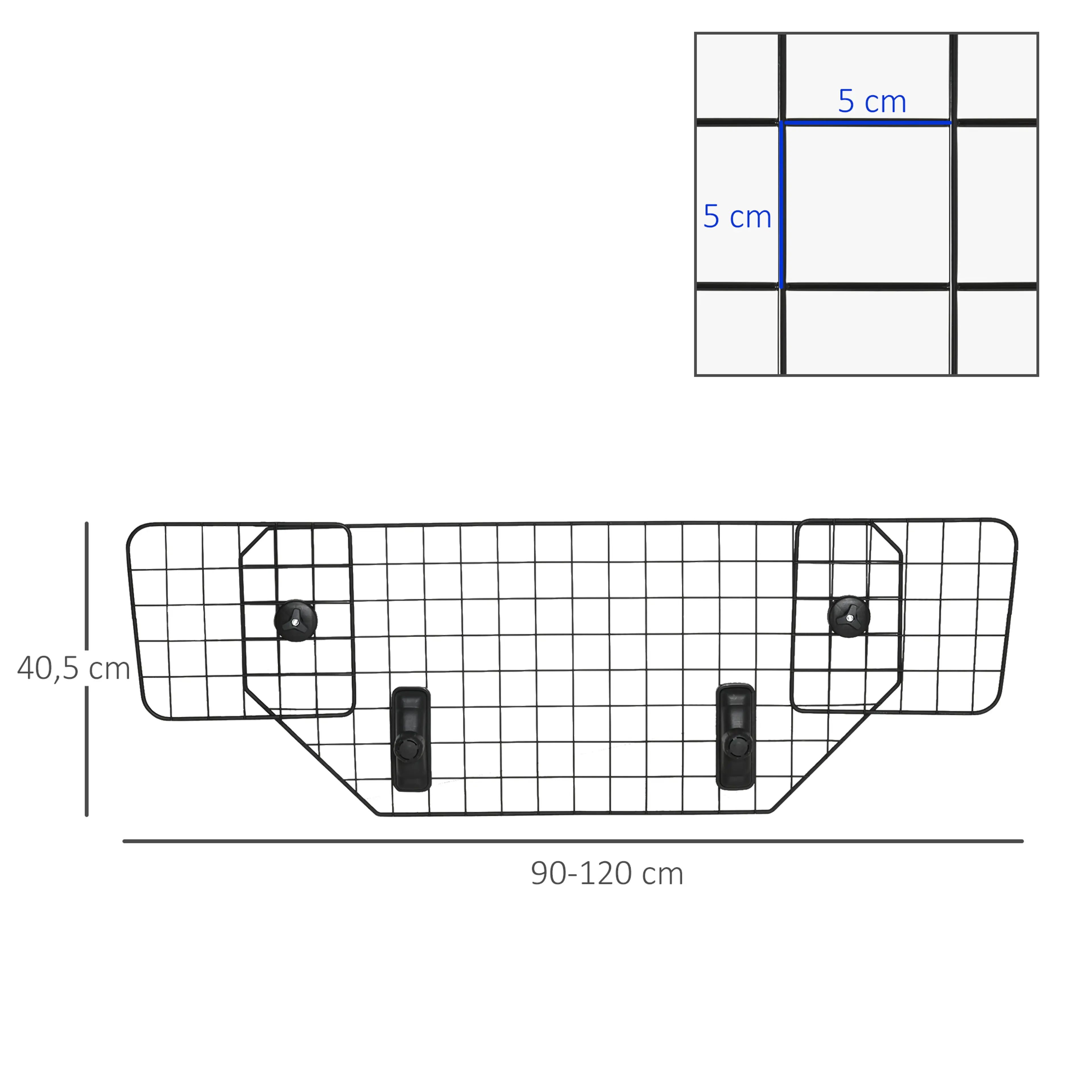 Hundgallrets mått: 90–120 cm brett, 40,5 cm högt och 5 cm rutor