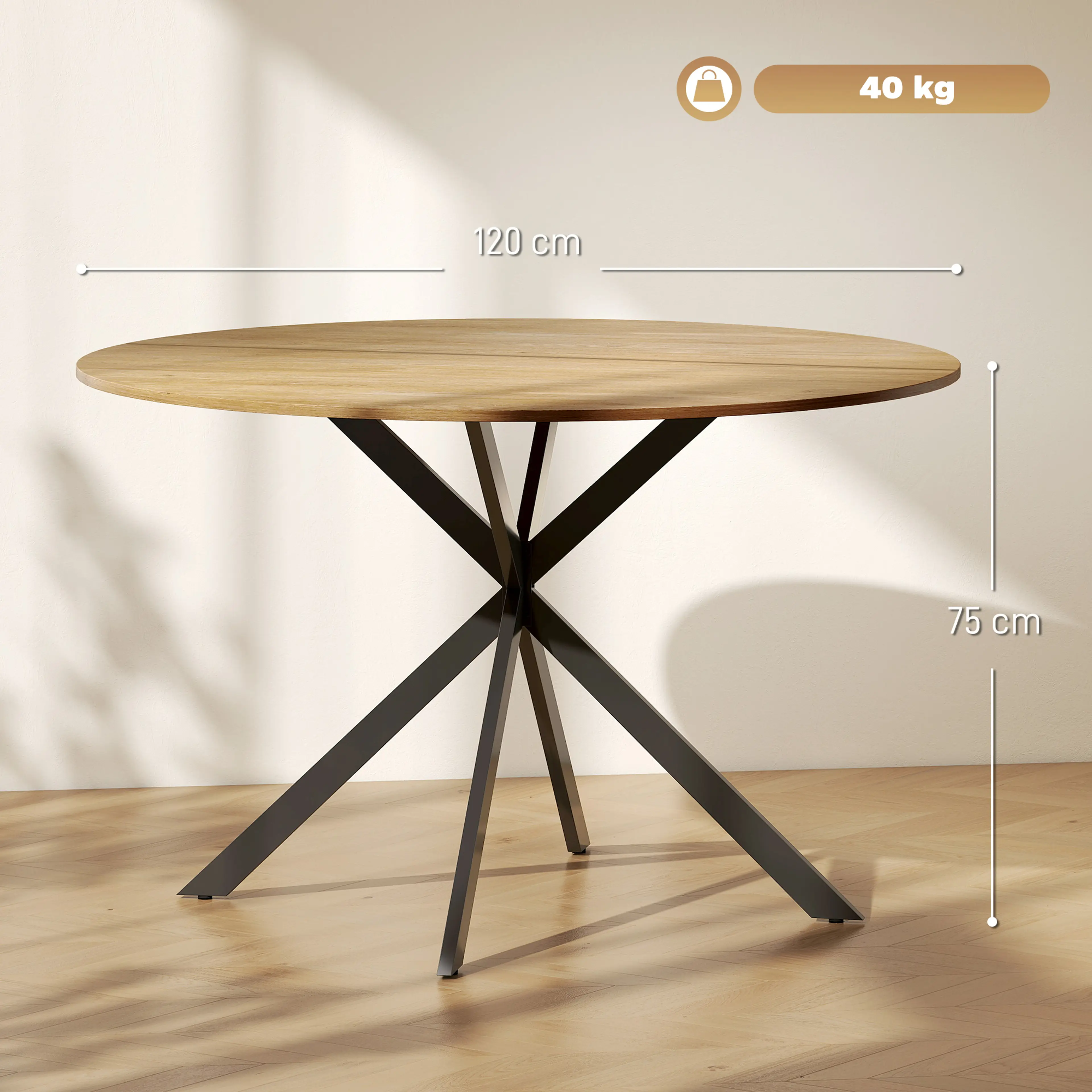 Måttskiss: 120 cm i diameter och 75 cm högt, bärighet 40 kg