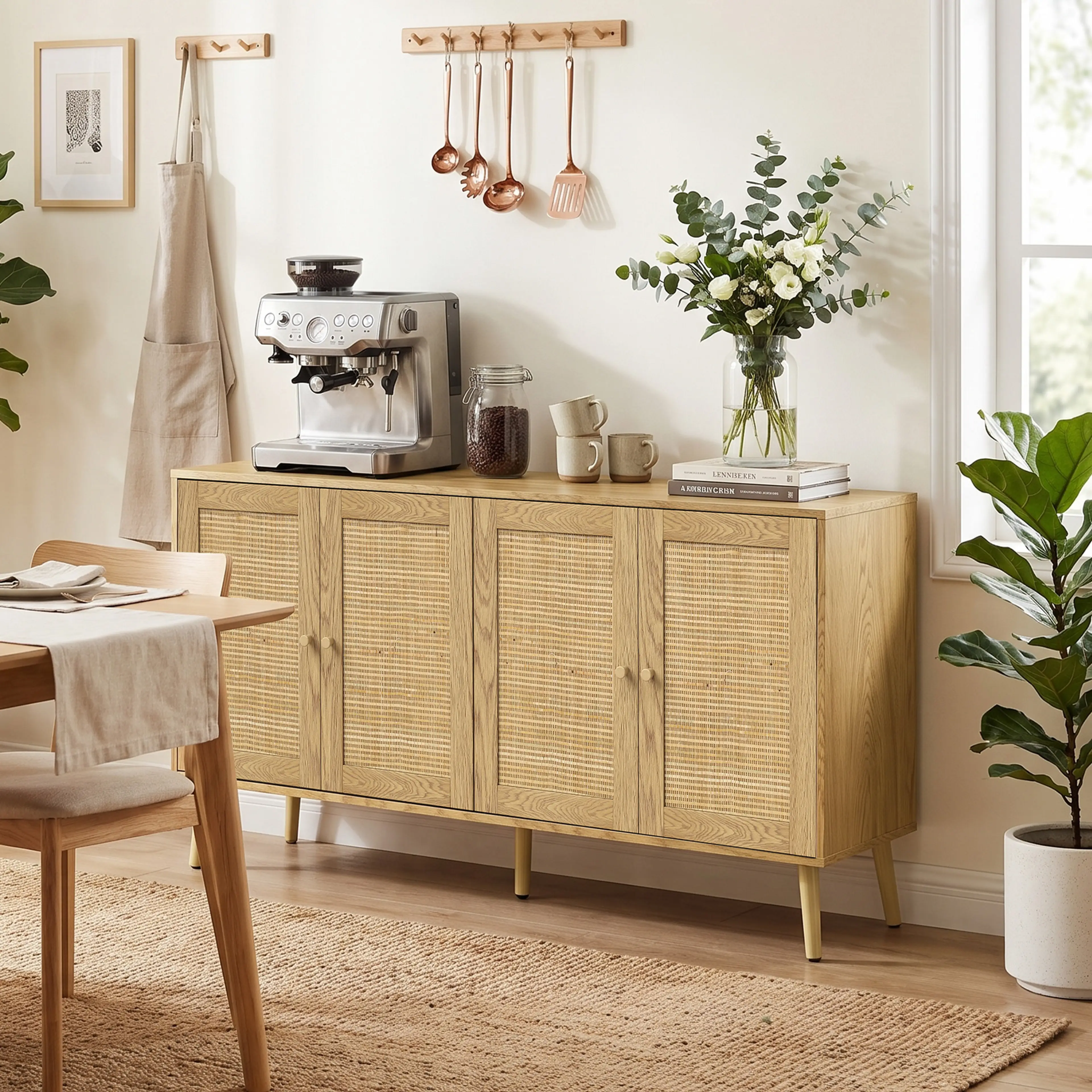 Sideboardet som kaffestation med espressomaskin, blommor och kopparkastruller på väggen