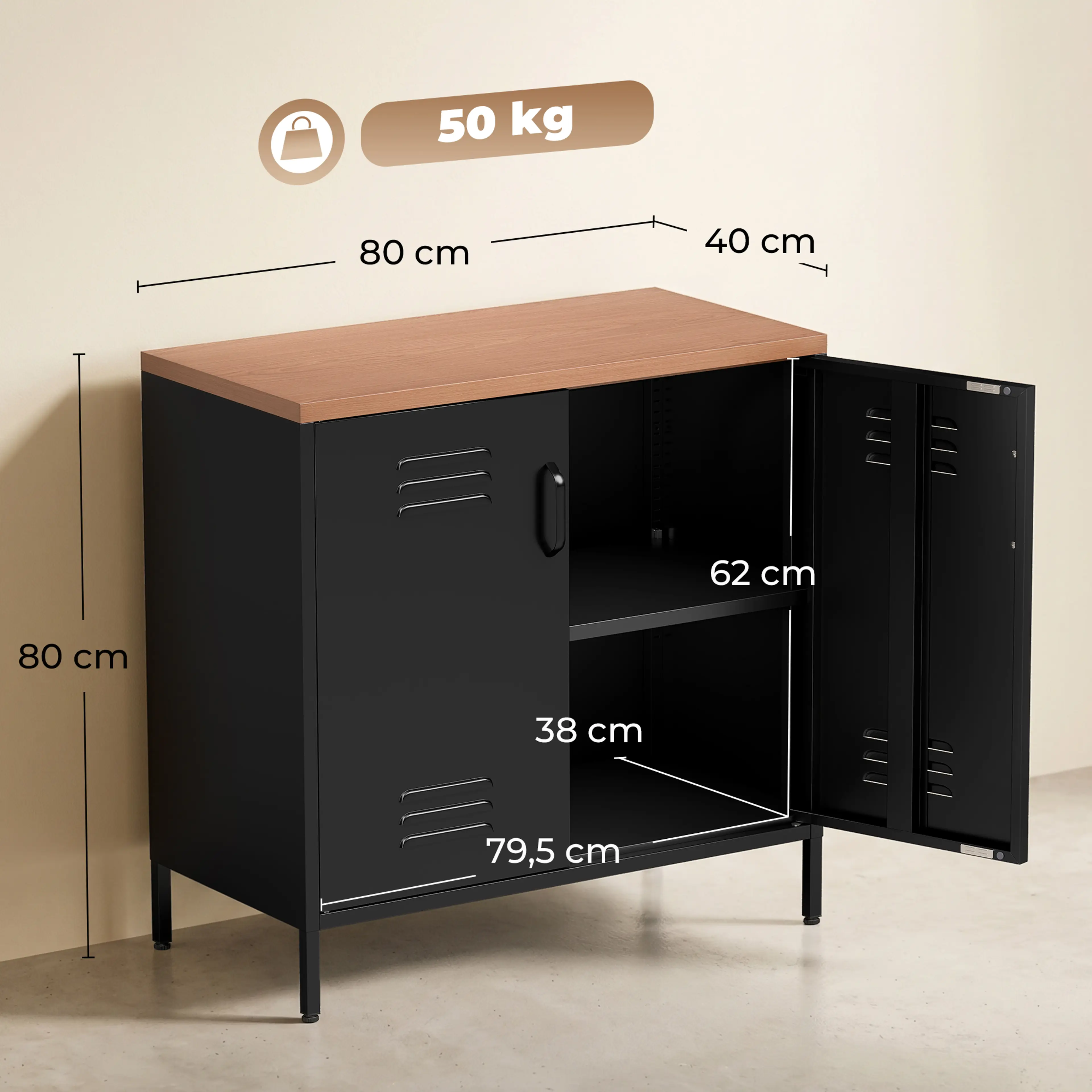 Måttritning över sideboardet med 80 cm bredd, 40 cm djup och 80 cm höjd