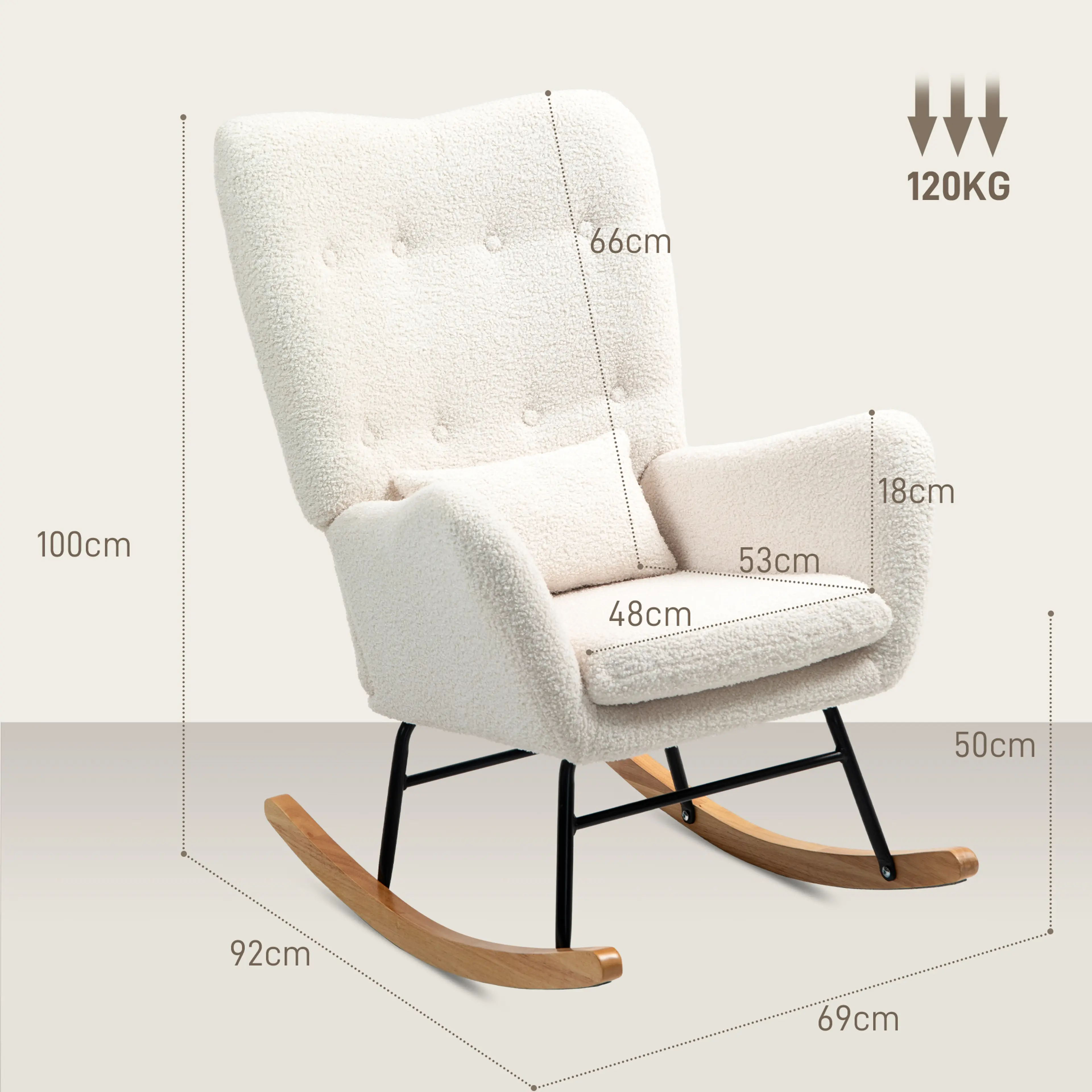 Måttskiss: 92 × 69 cm golvyta, 100 cm höjd och 120 kg maxlast