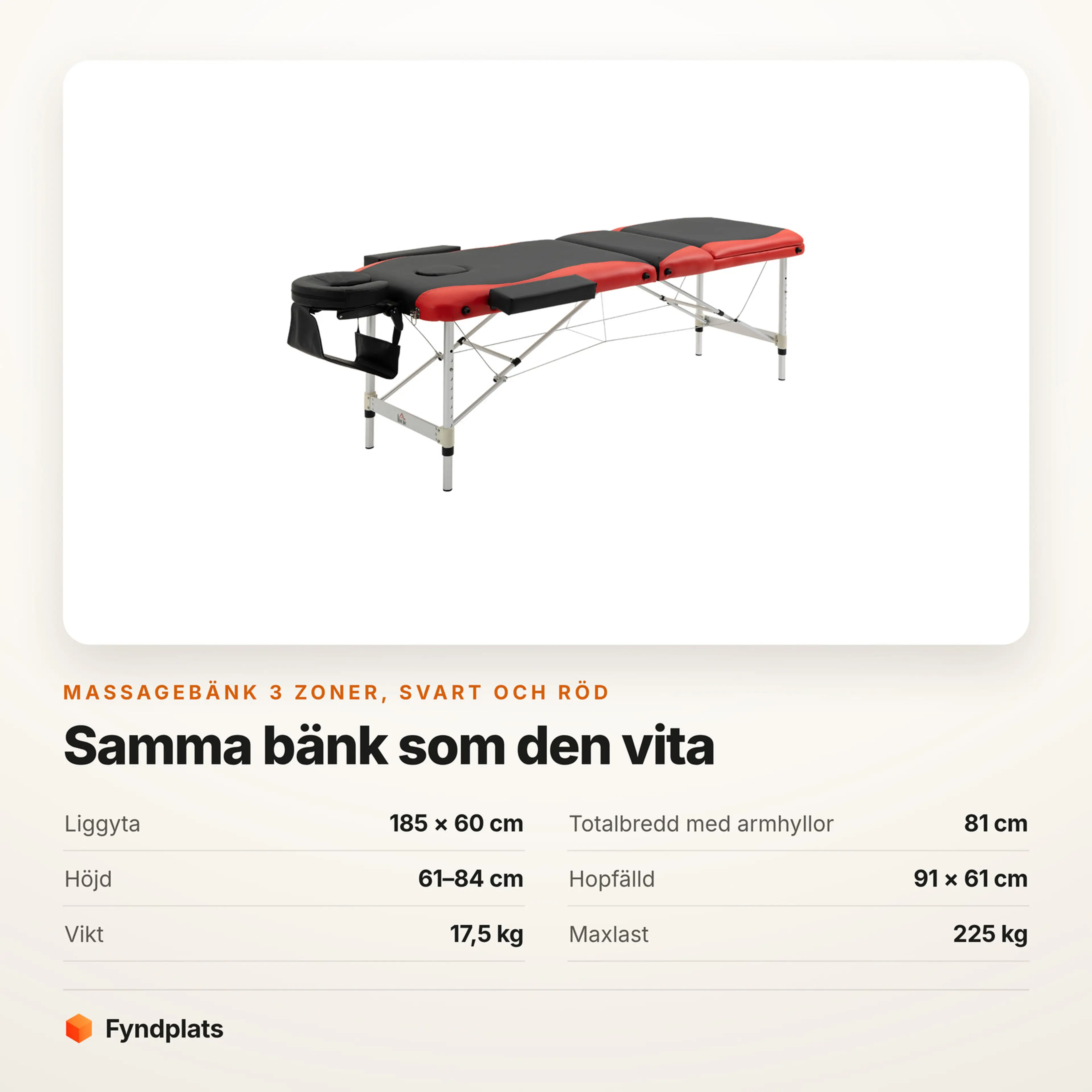 Faktakort: massagebänk 3 zoner svart och röd, liggyta, höjd och maxlast