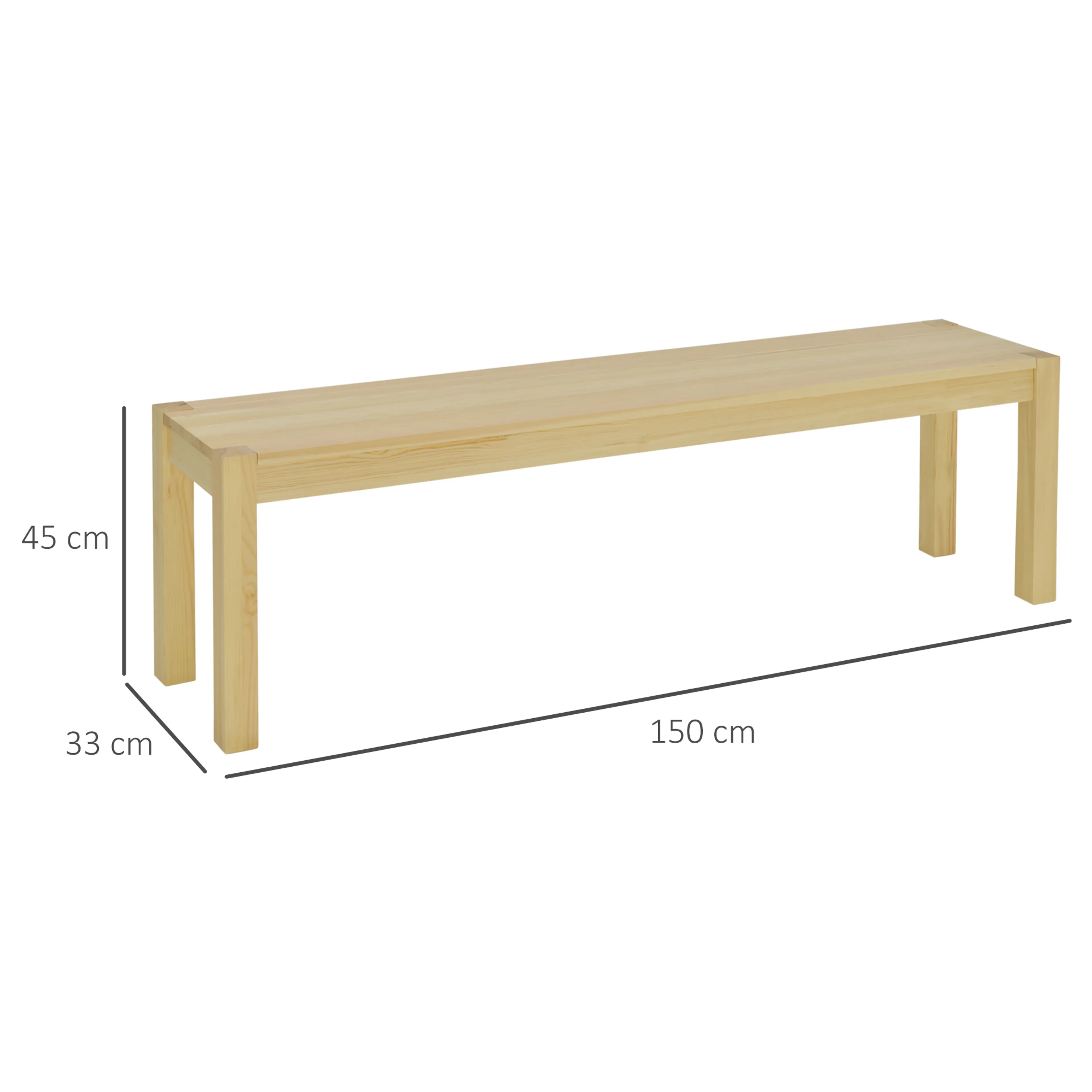 Måttbild: bänken mäter 150 × 33 × 45 cm