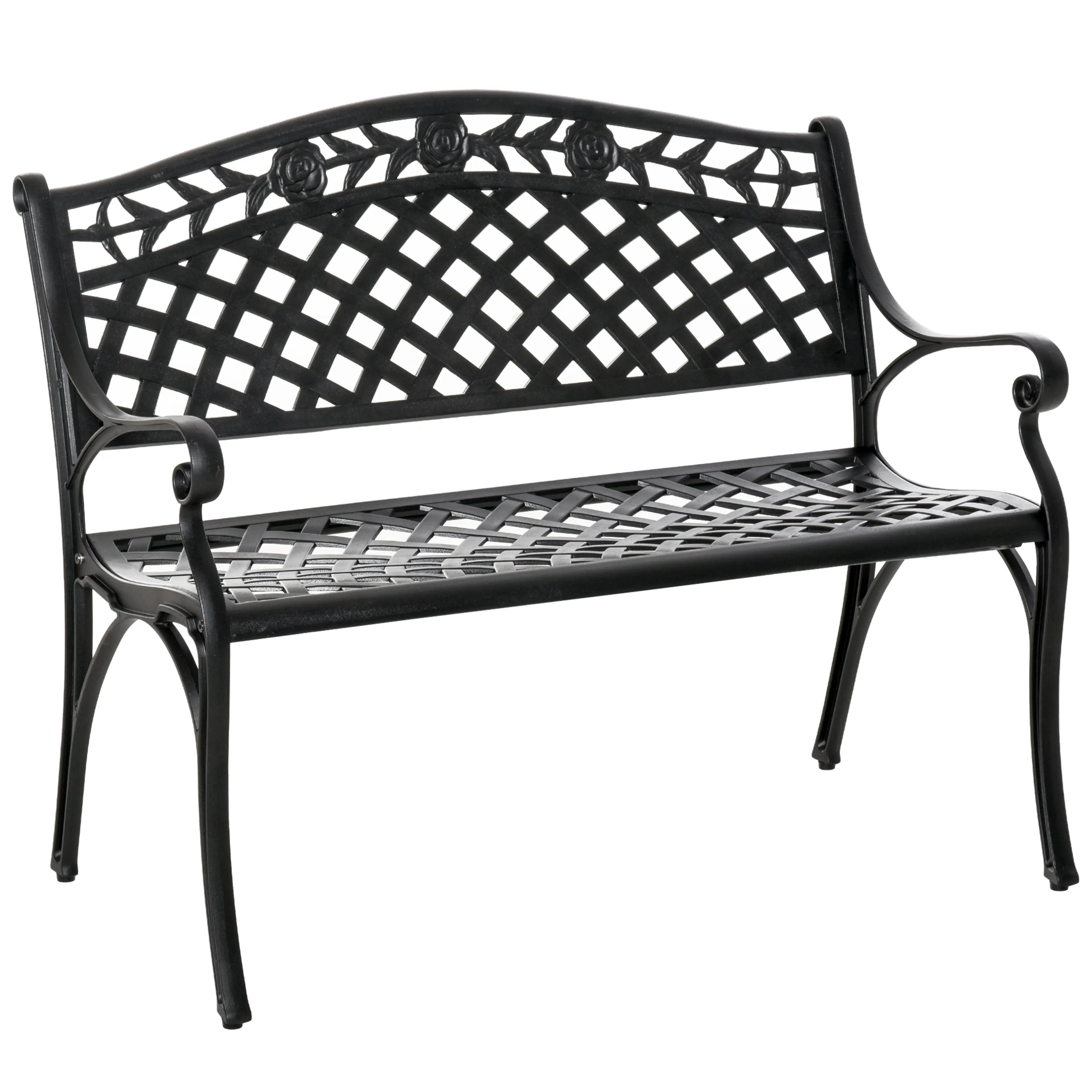 Trädgårdsbänk i svart aluminium för två – 102,5 cm, med armstöd och blommönster