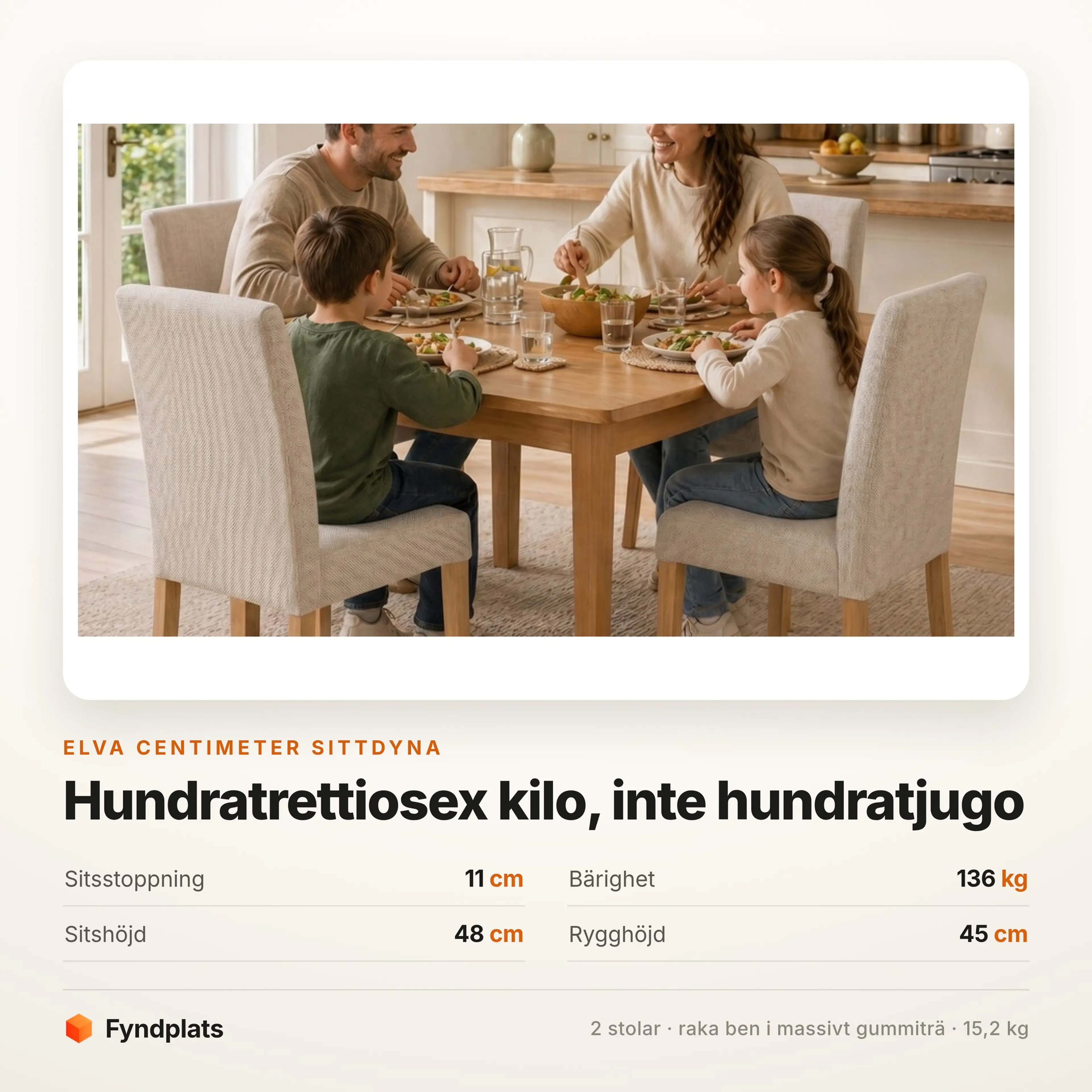 Matstolar 2-pack i cremevit tyg med tjock sits – bild 3