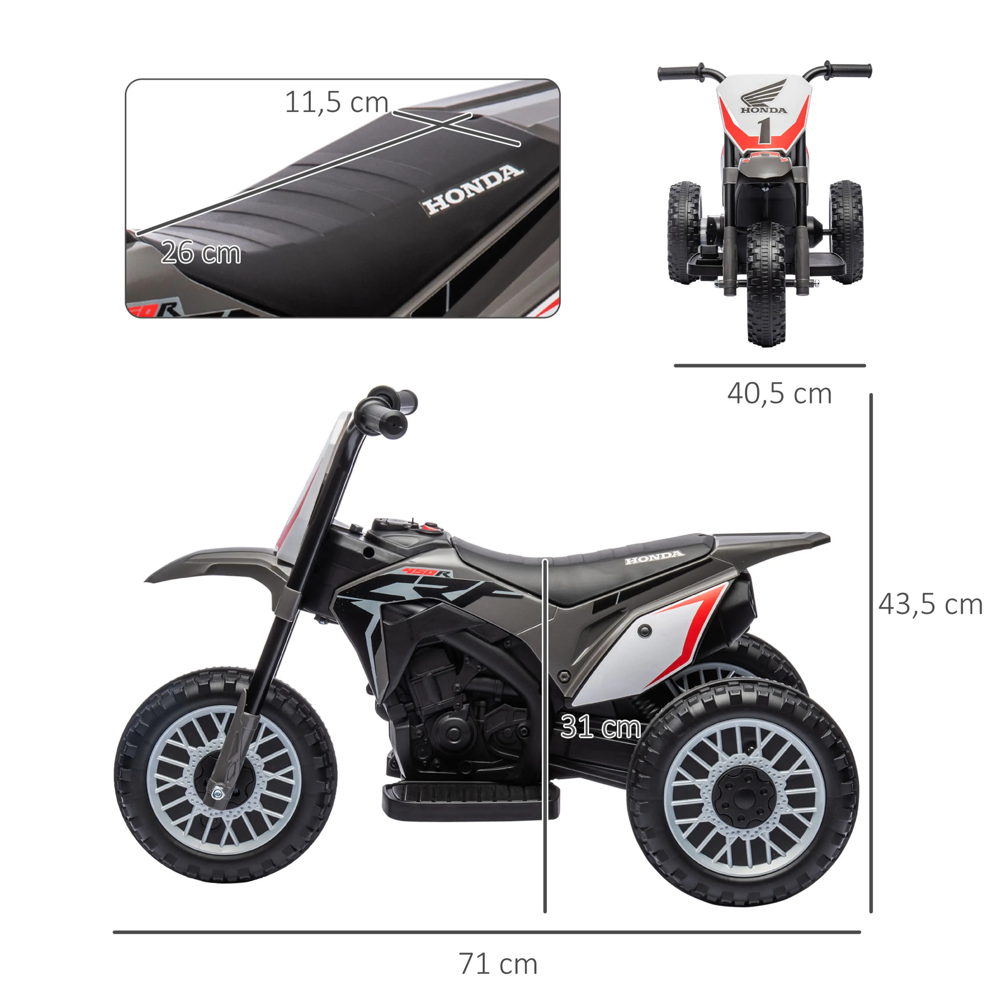 Måttskiss över elcrossen: 71 cm lång, 40,5 cm bred, 43,5 cm hög, sits 11,5 × 26 cm och sitthöjd 31 cm