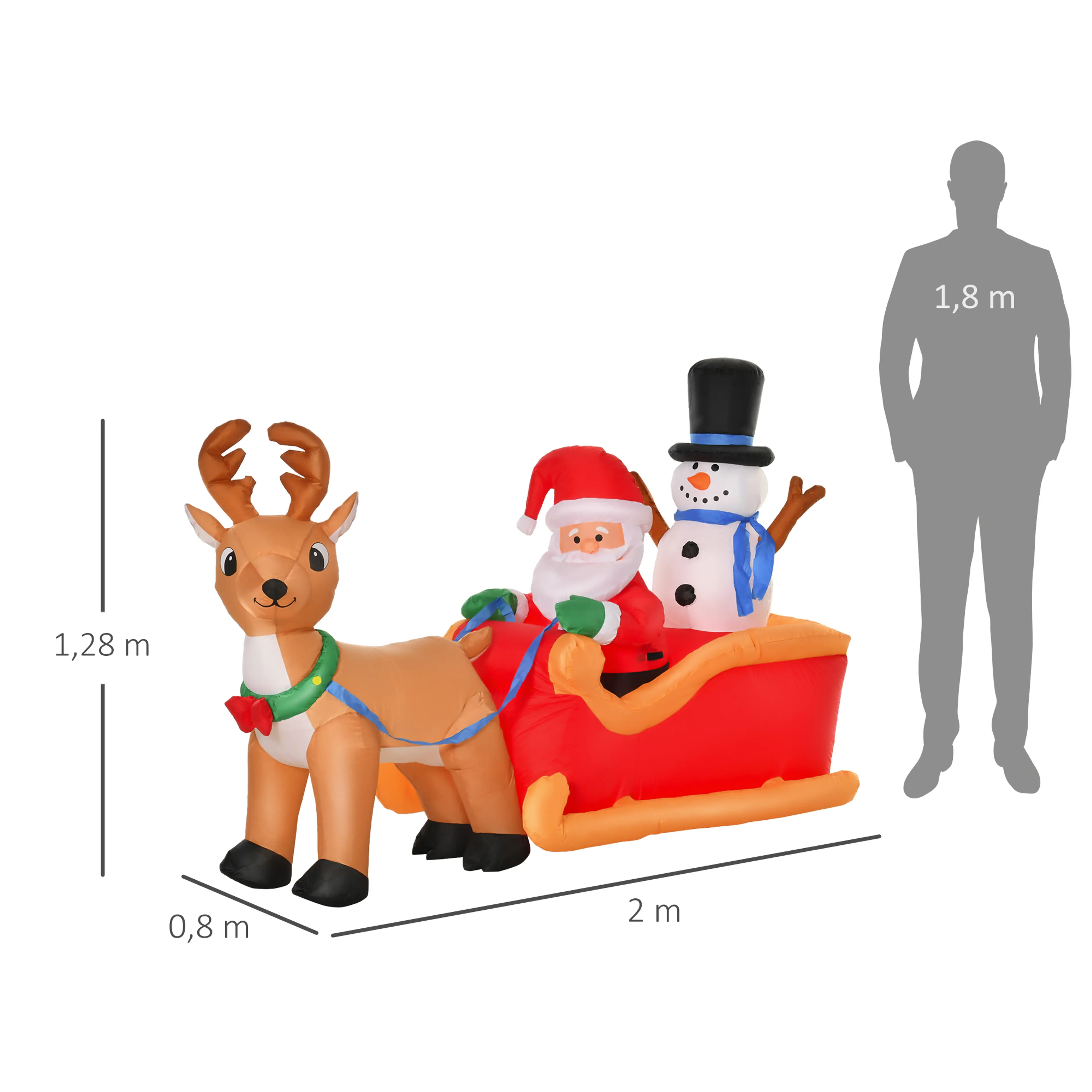 Måttbild: julfiguren är 200 cm lång, 80 cm djup och 128 cm hög, bredvid en mänsklig siluett