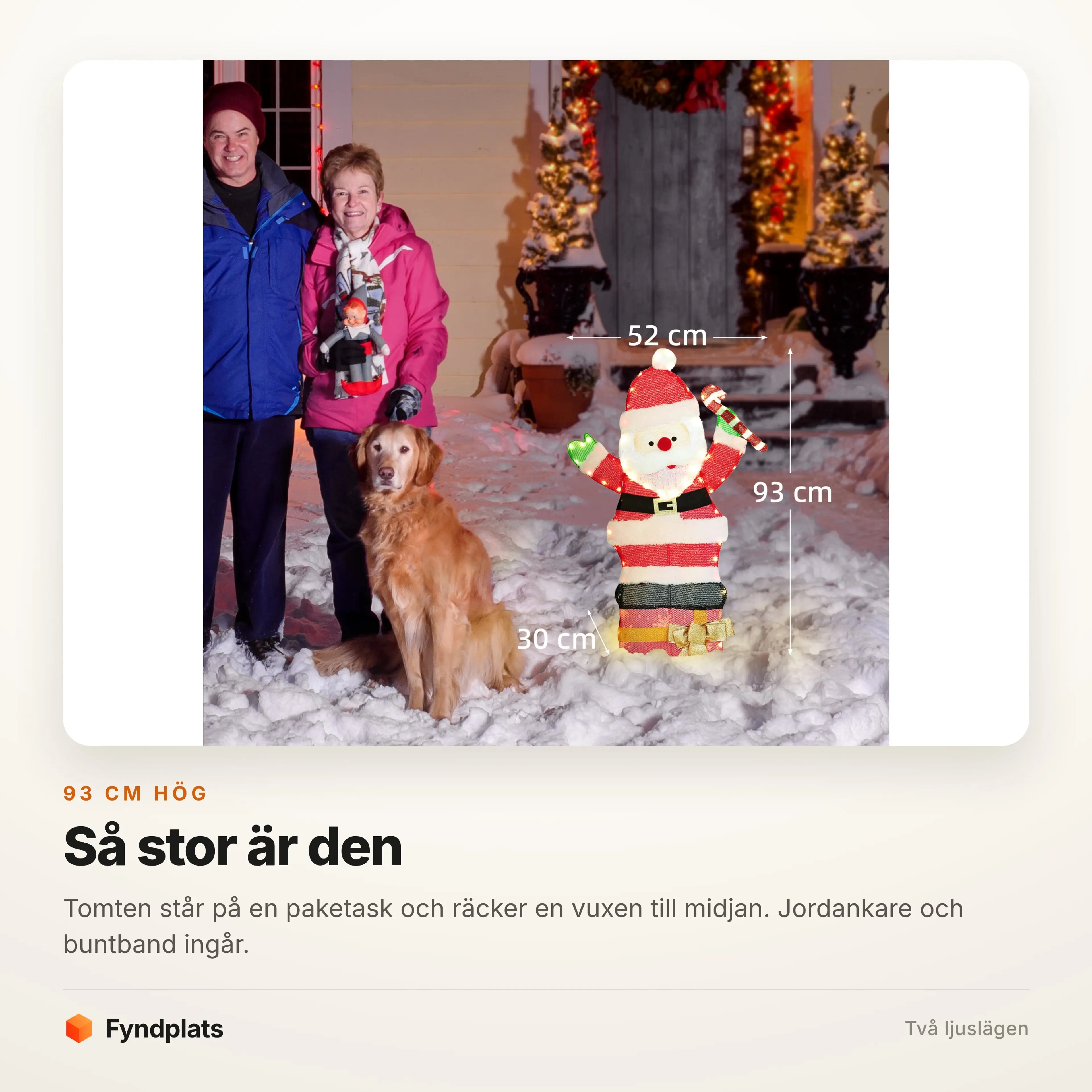 Storleksjämförelse med två vuxna och en hund i snön