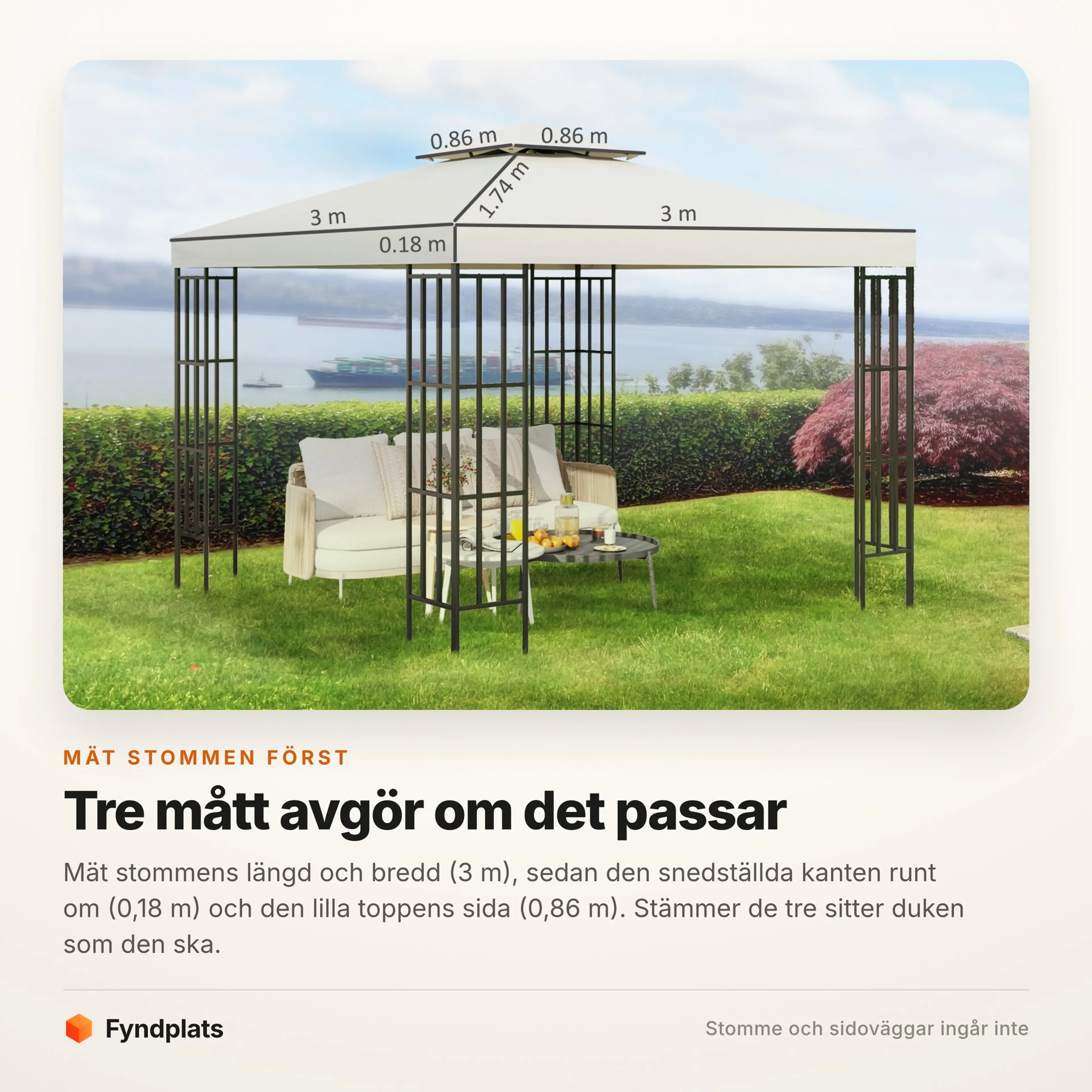 Måttguide: 3 m stomme, 0,18 m snedställd kant och 0,86 m lilla toppen