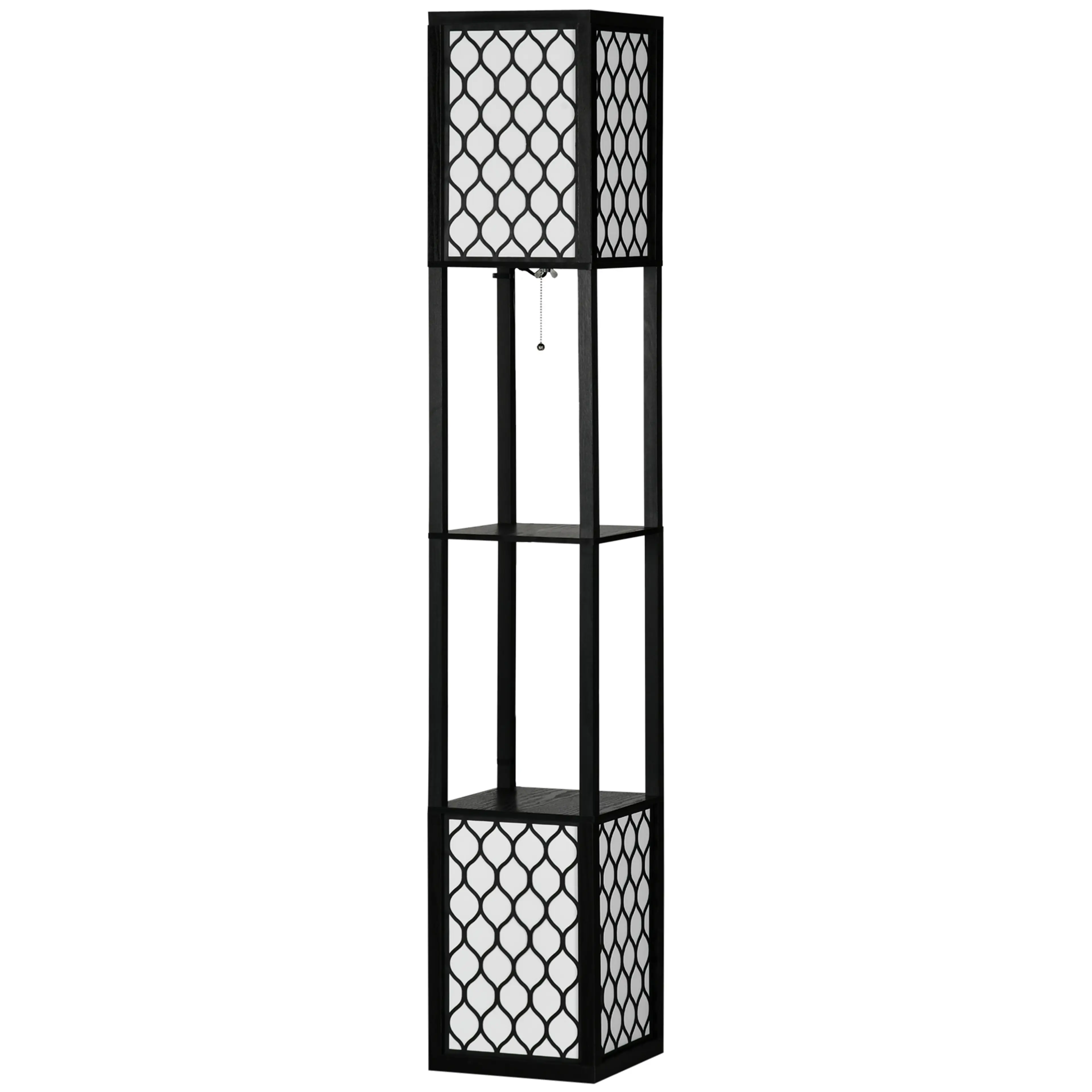 Golvlampa med två hyllor, mönstrad skärm och kedjebrytare, svart, 156 cm