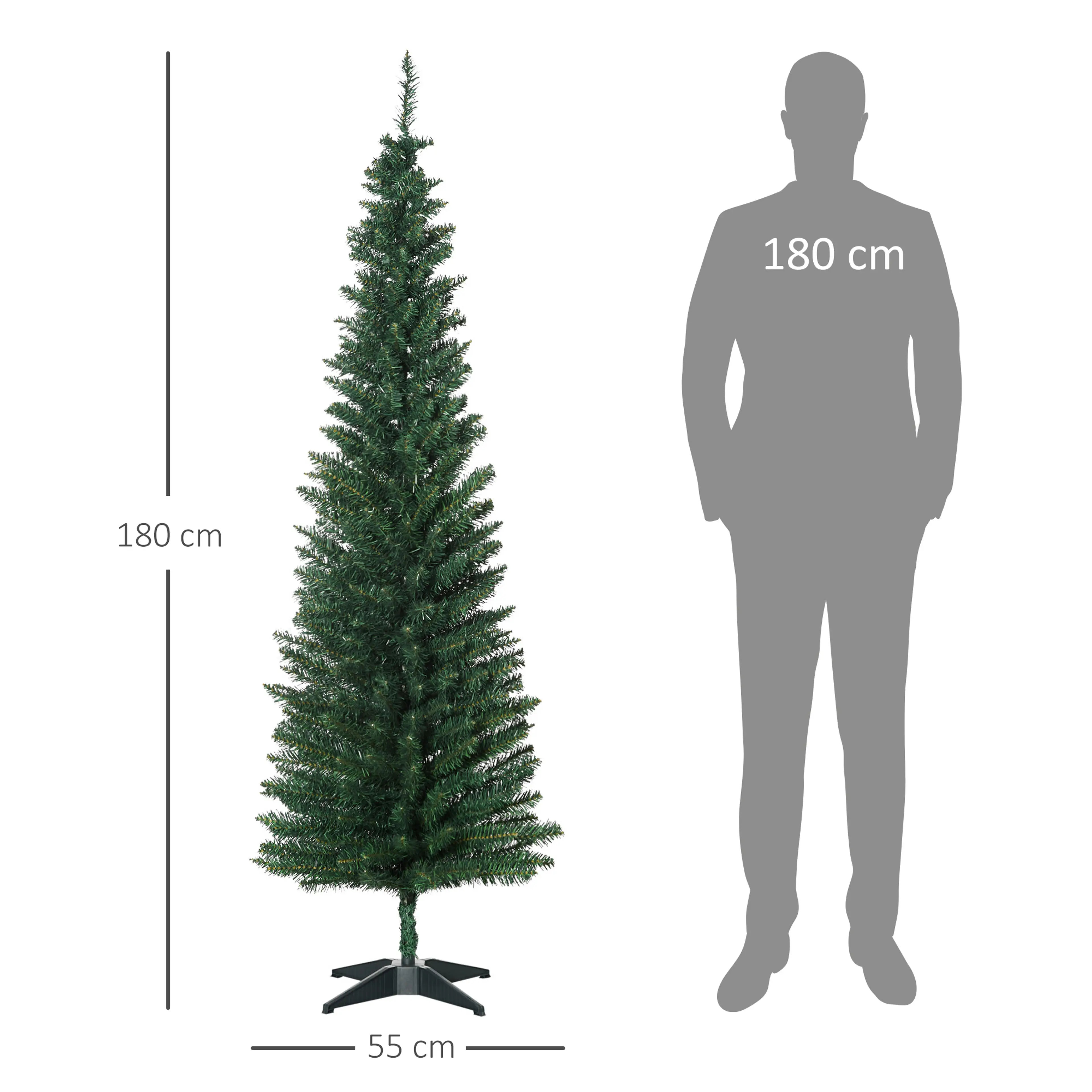Måttbild: granen är 180 cm hög och Ø55 cm, bredvid en siluett av en man