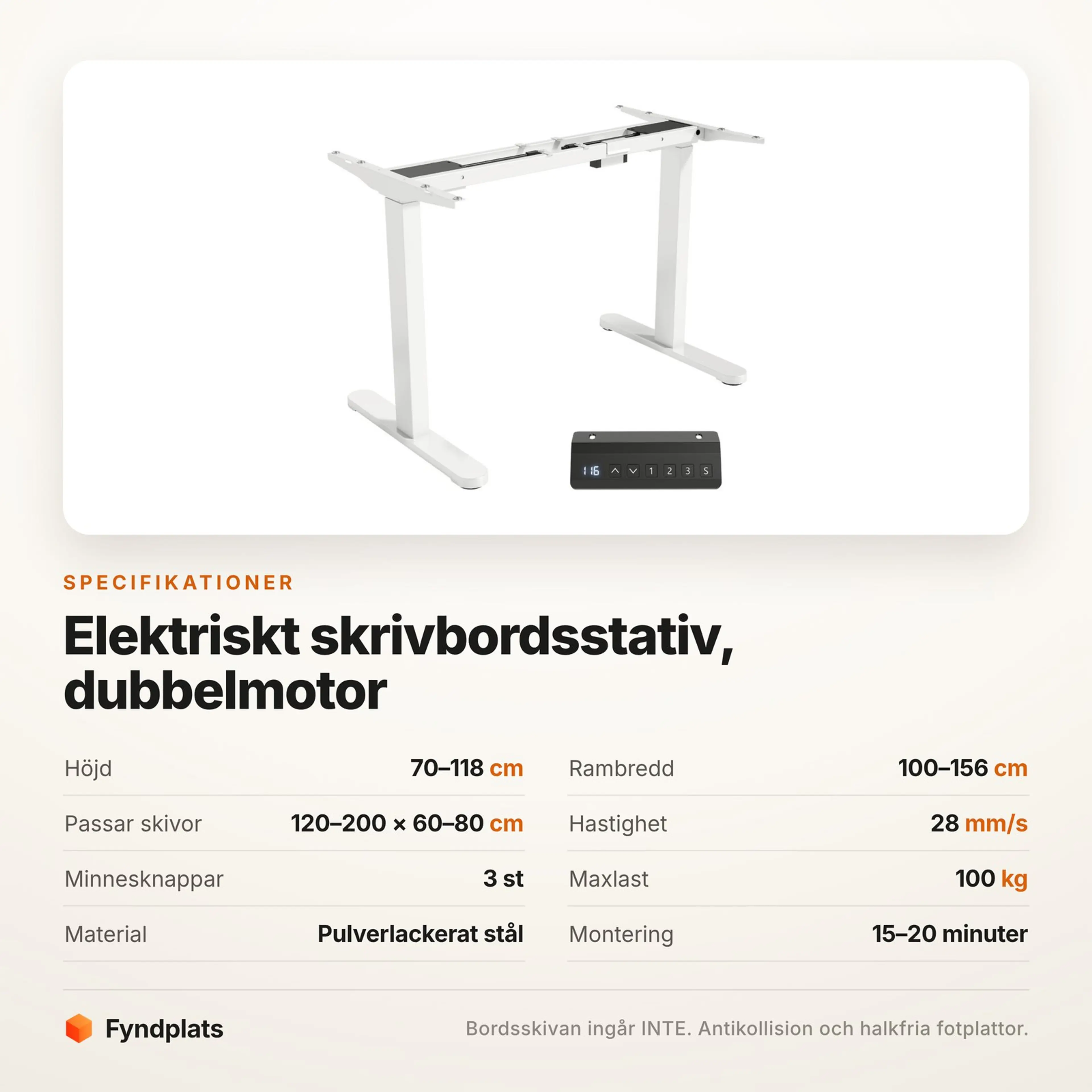 Fyndplats specifikationskort med stativets höjd, rambredd och maxlast