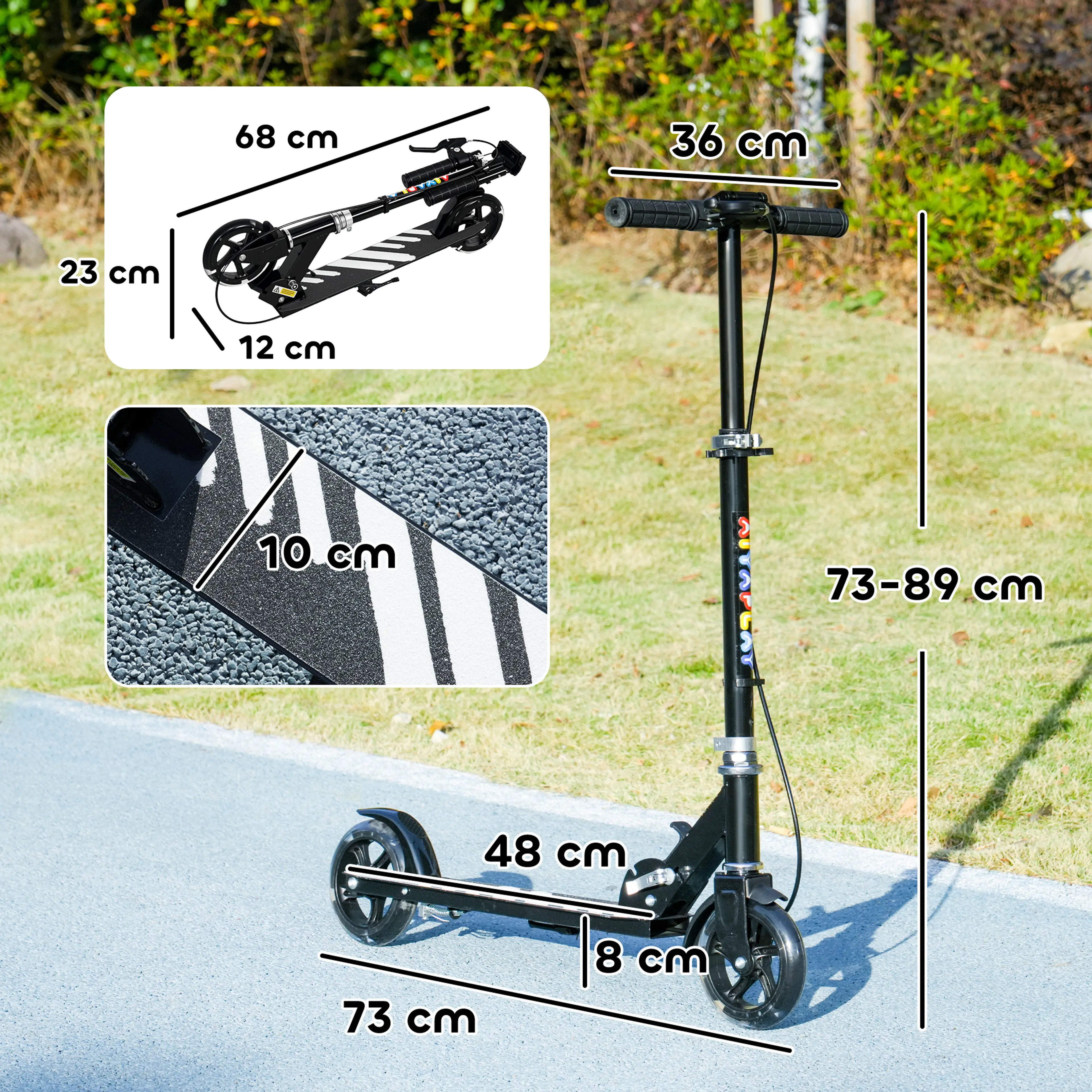 Måttbild: sparkcykeln är 73 cm lång med styre på 73–89 cm, fotplatta på 48 × 10 cm och hopfälld 68 × 12 × 23 cm