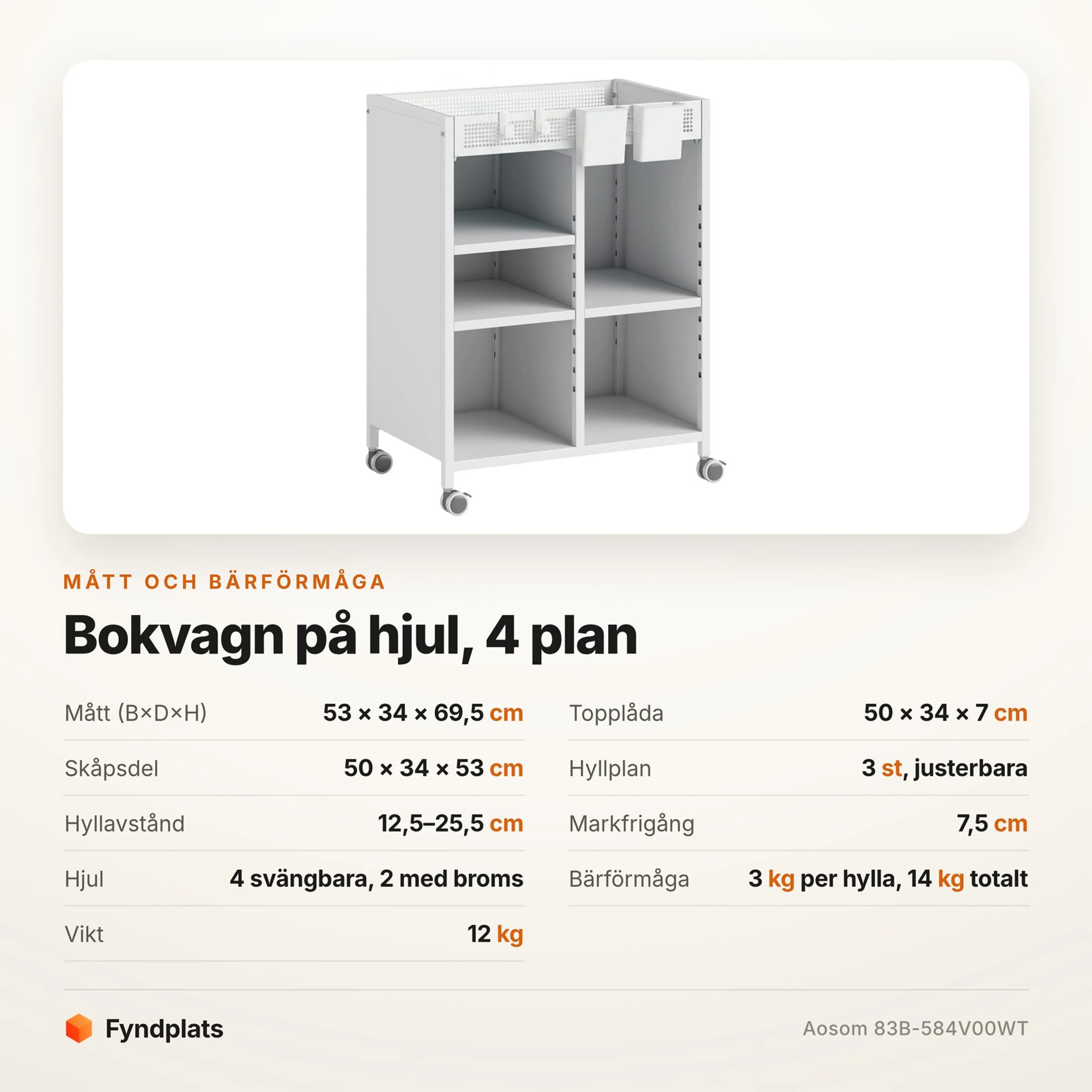 Fyndplats specifikationskort för bokvagn på hjul med mått och bärförmåga