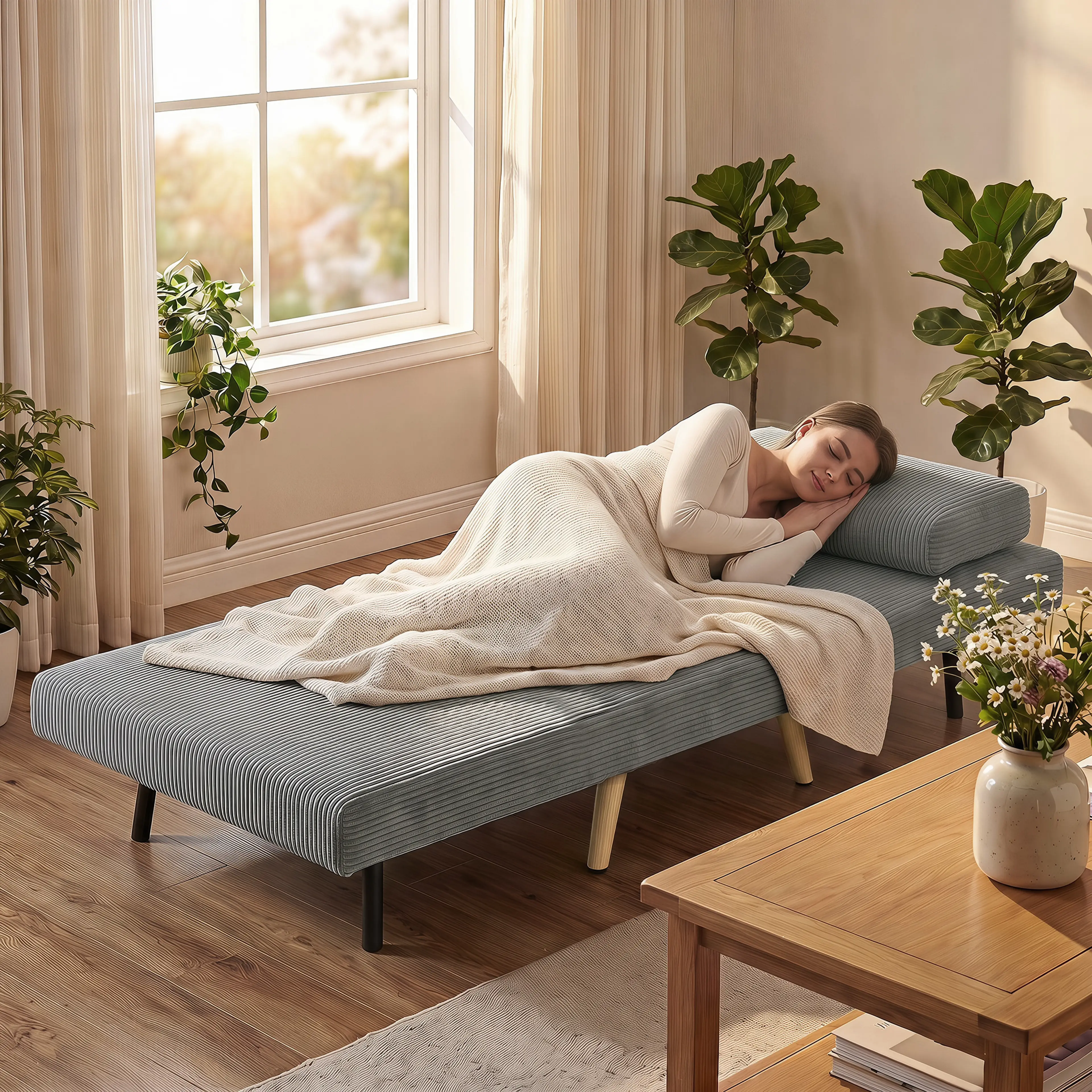 En person sover under en filt på den plant utfällda bädden