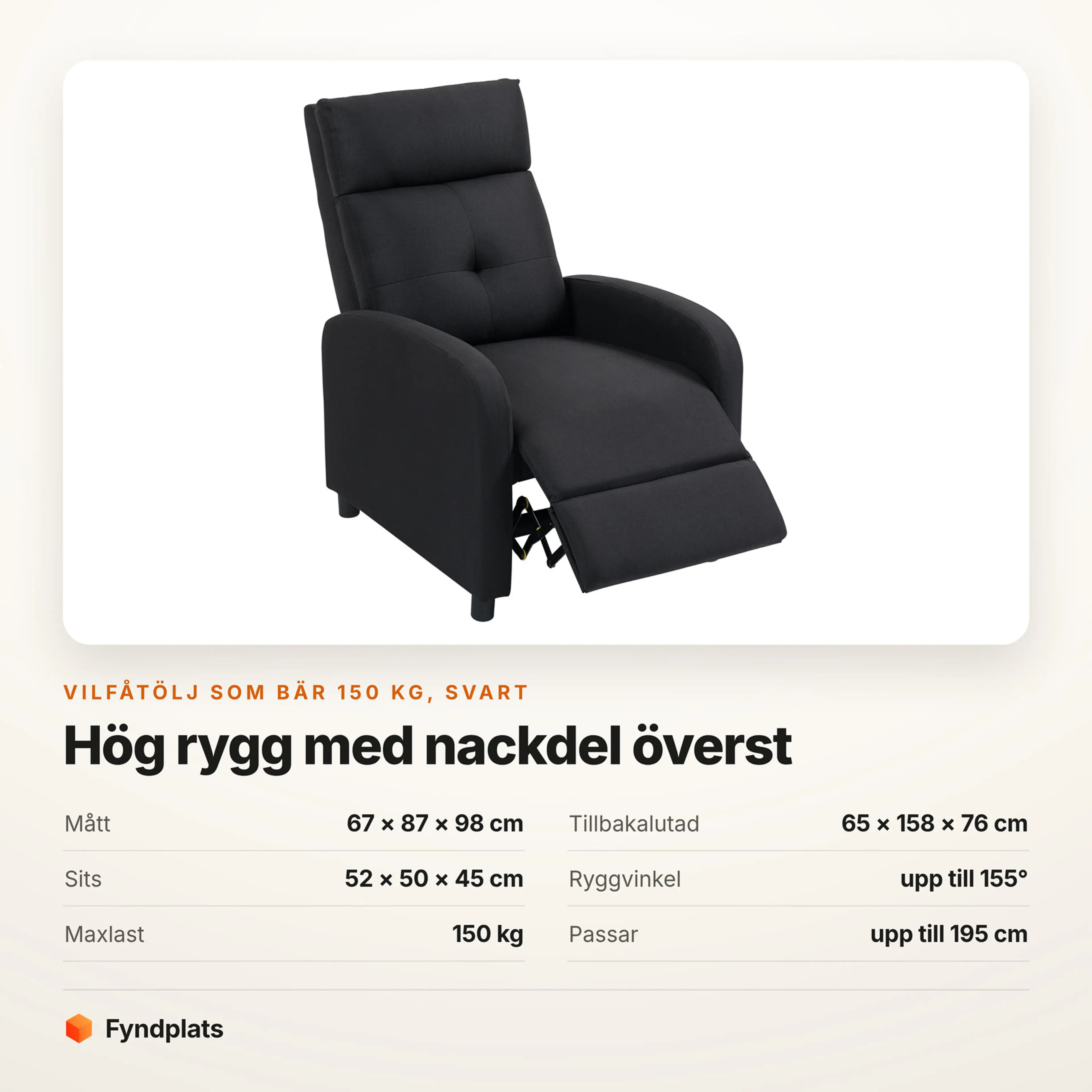 Specifikationer för Vilfåtölj med fjäderkärna, rygg till 155°, bär 150 kg – svart – kort från Fyndplats