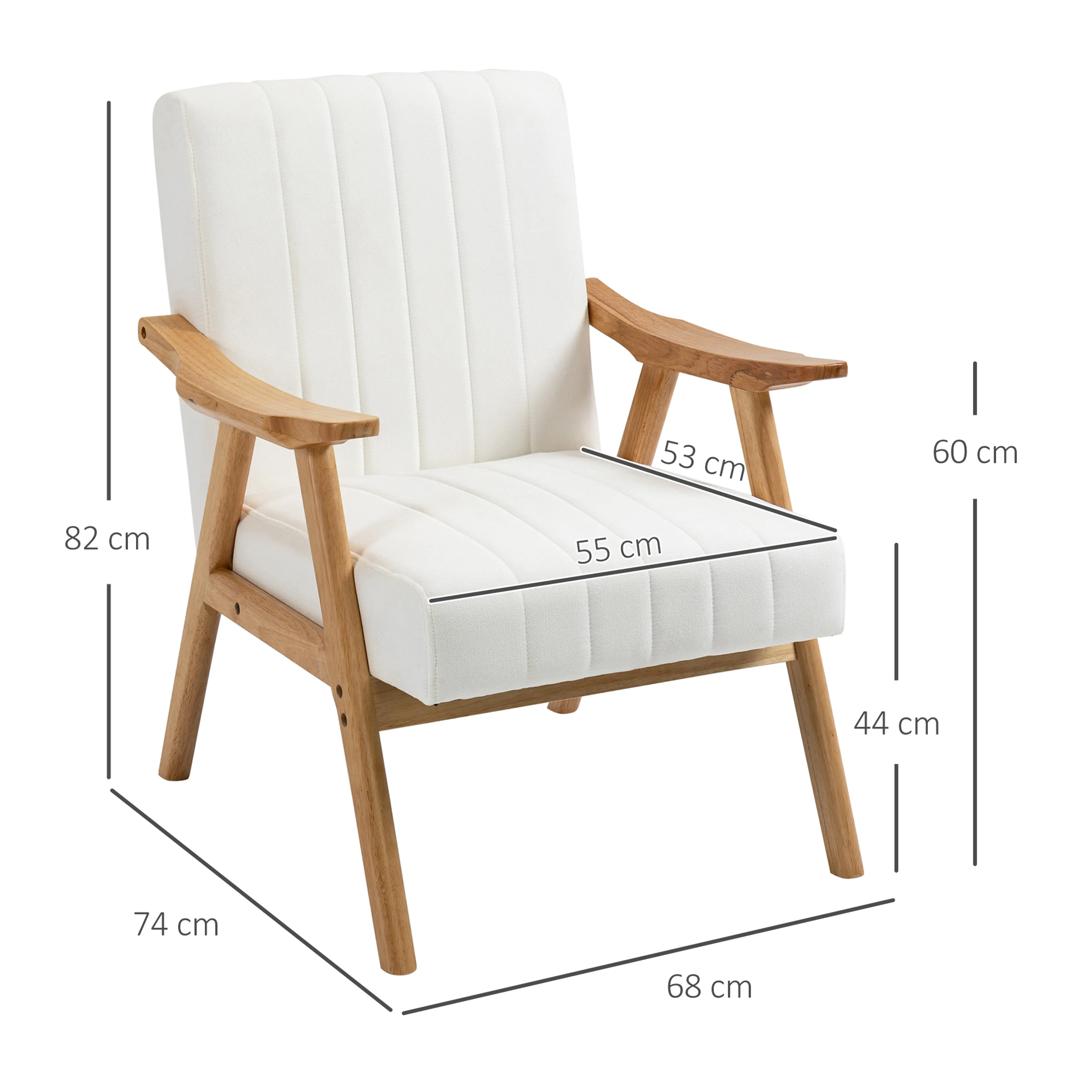 Måttskiss över fåtöljen: 68 × 74 cm golvyta, 82 cm höjd och 44 cm sitthöjd