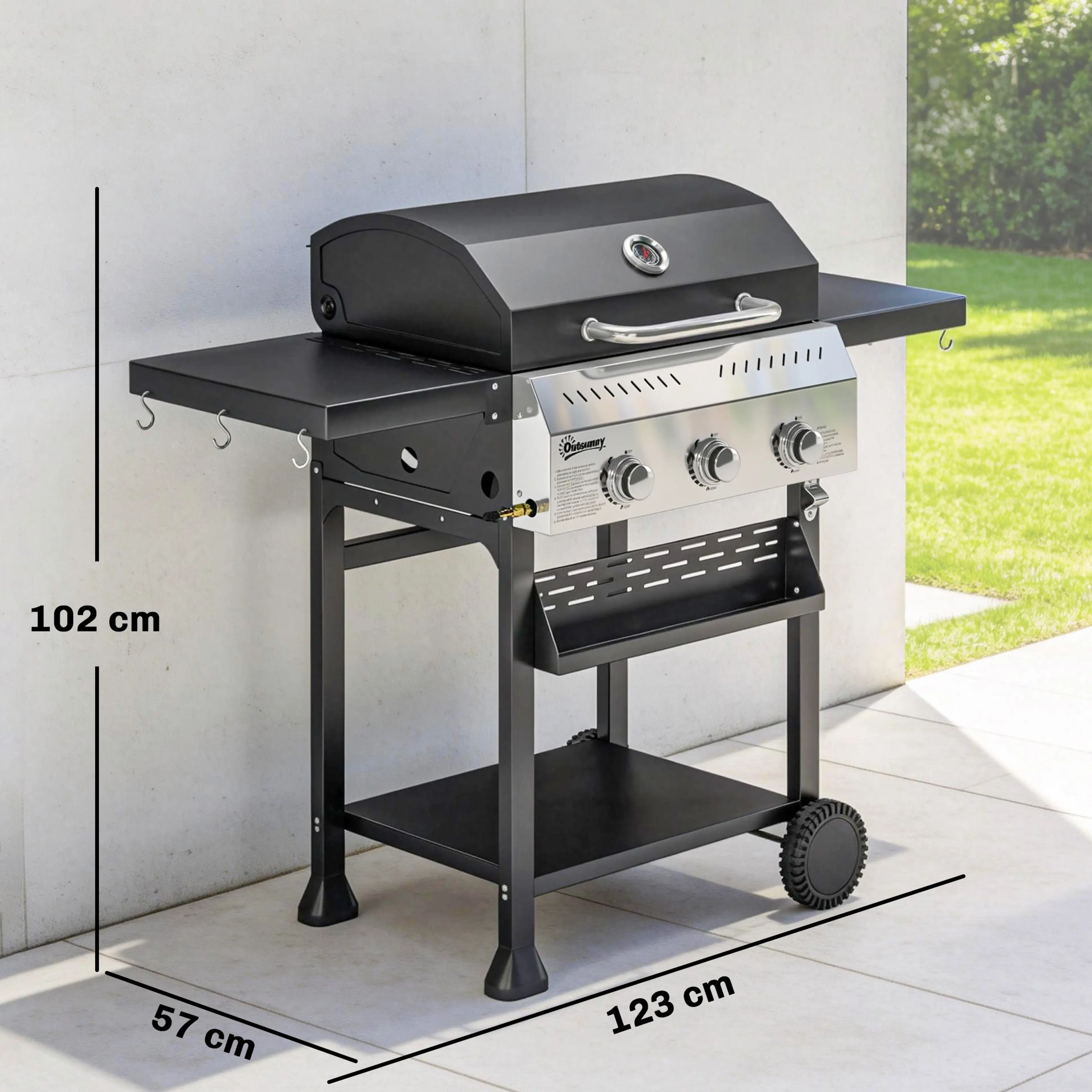 Måttritning: gasolgrill 123 × 57 × 102 cm