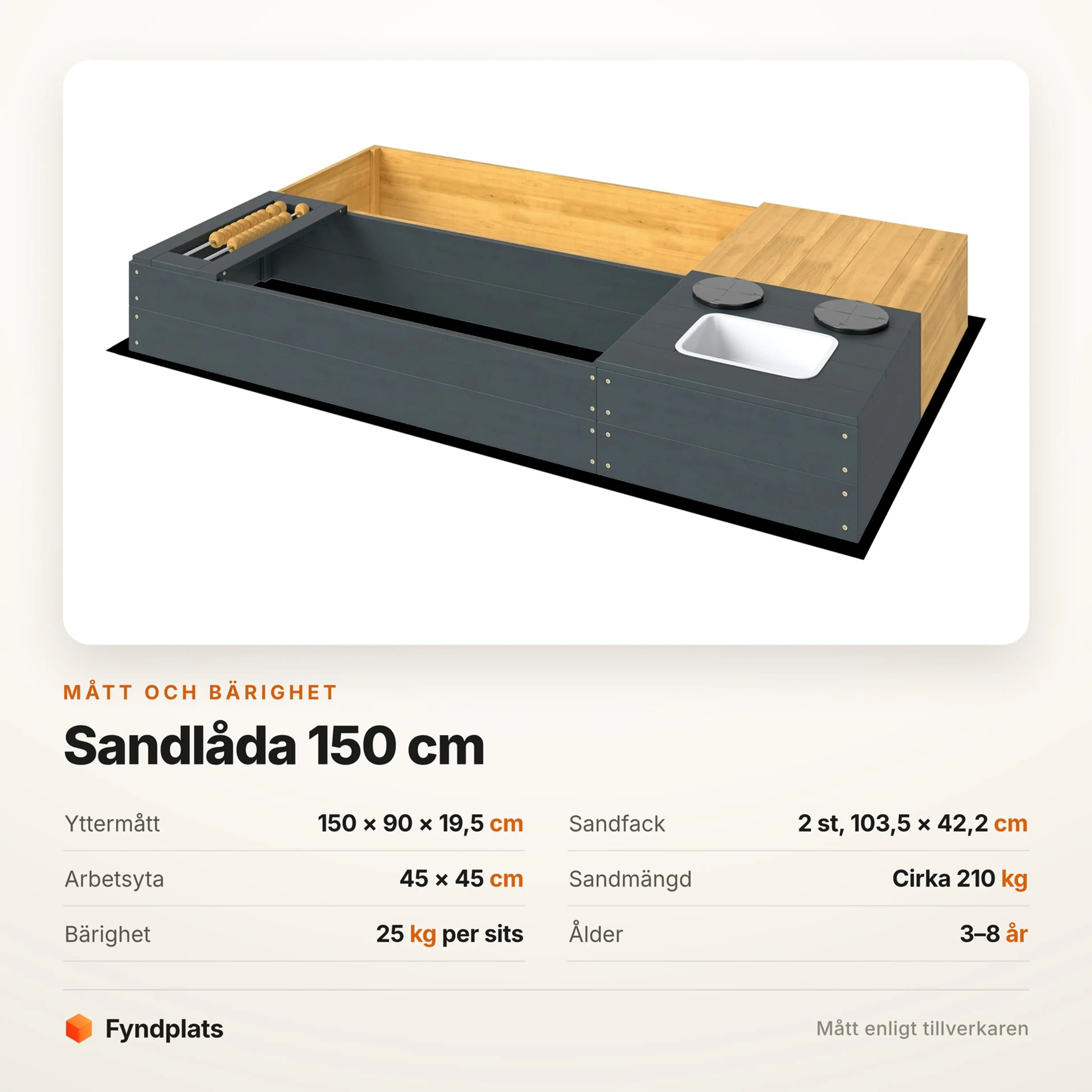 Måttkort: yttermått 150 × 90 × 19,5 cm och två sandfack på 103,5 × 42,2 cm