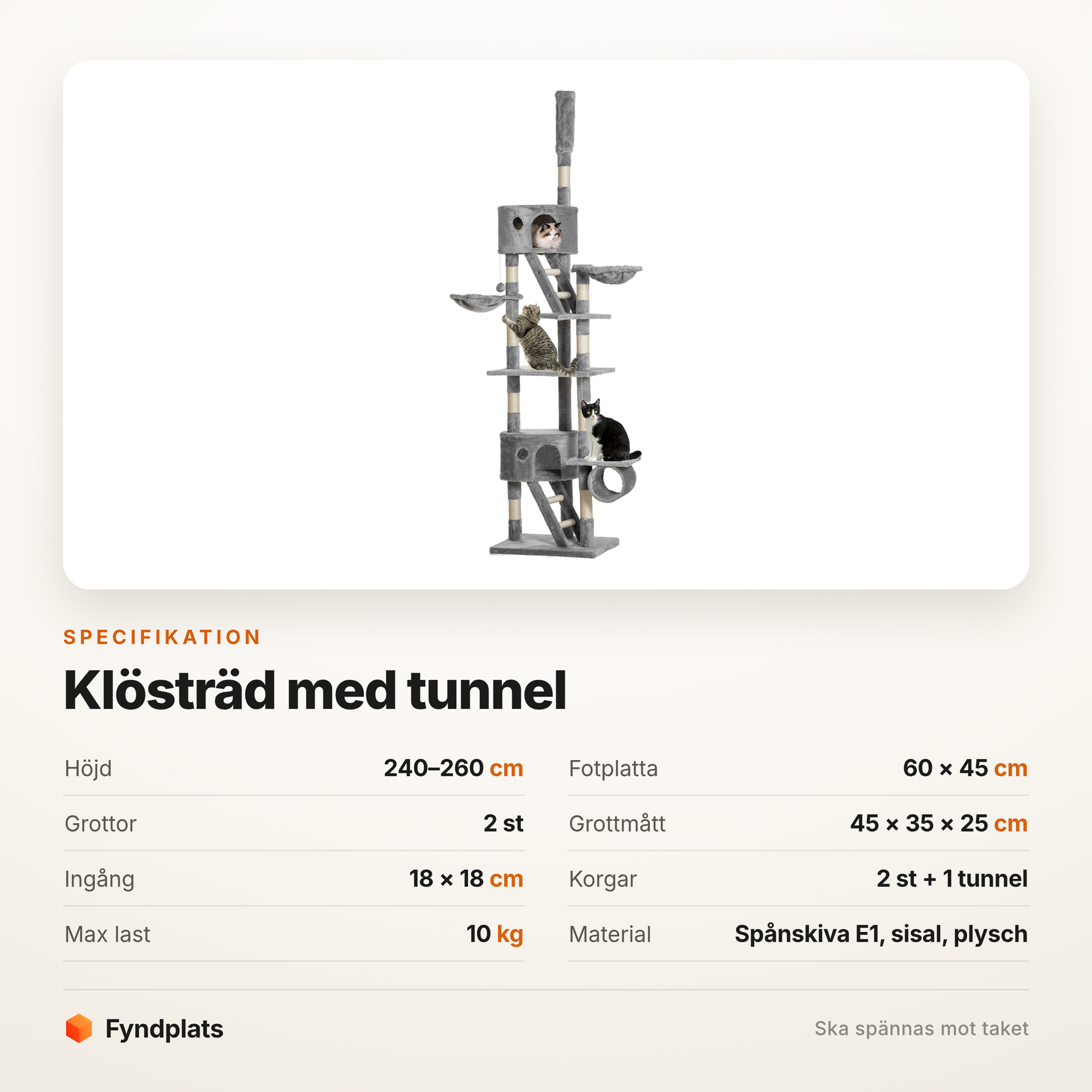 Specifikation för klösträd med tunnel – 240–260 cm, två grottor, max 10 kg