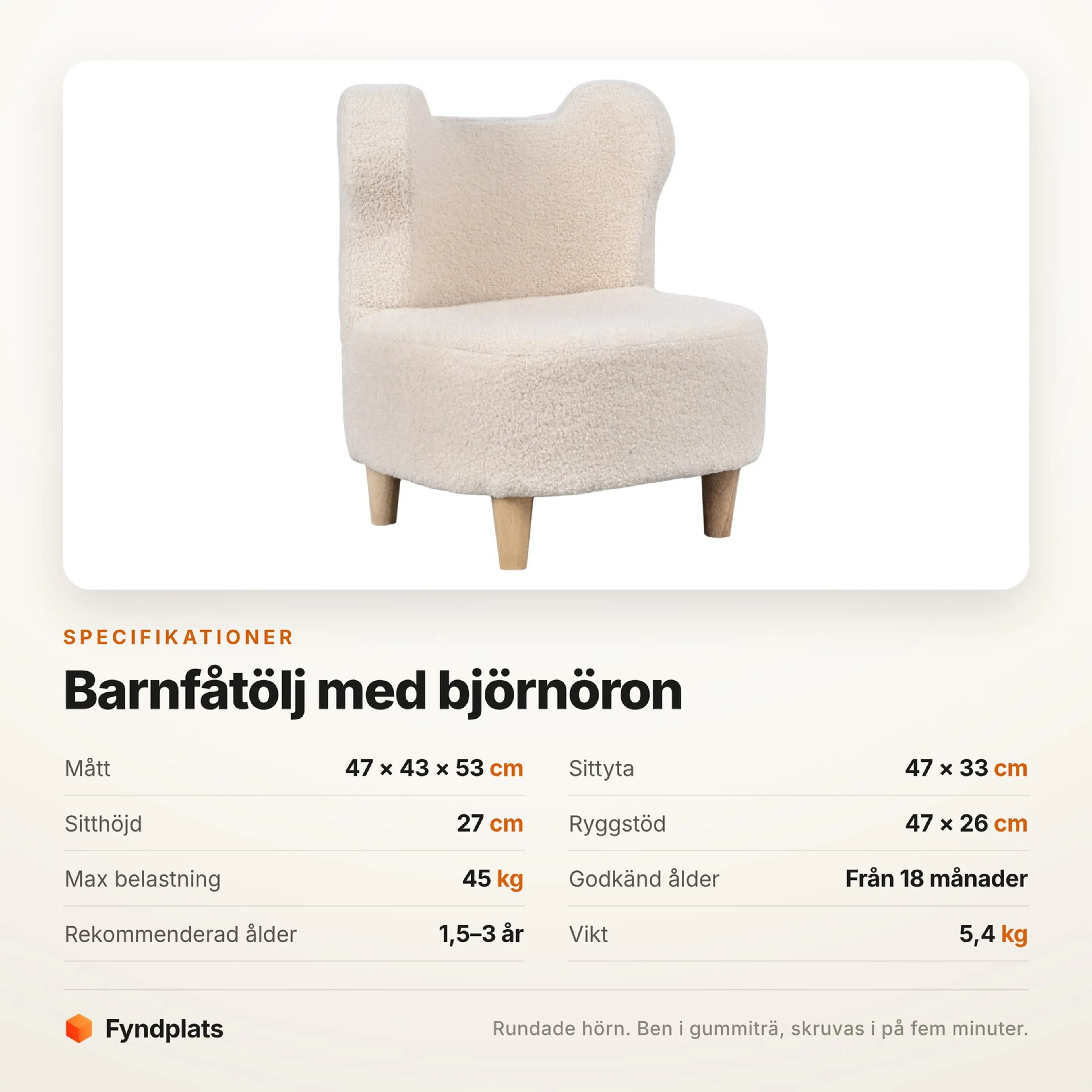 Fyndplats specifikationskort med barnfåtöljens mått, åldersgräns och maxlast