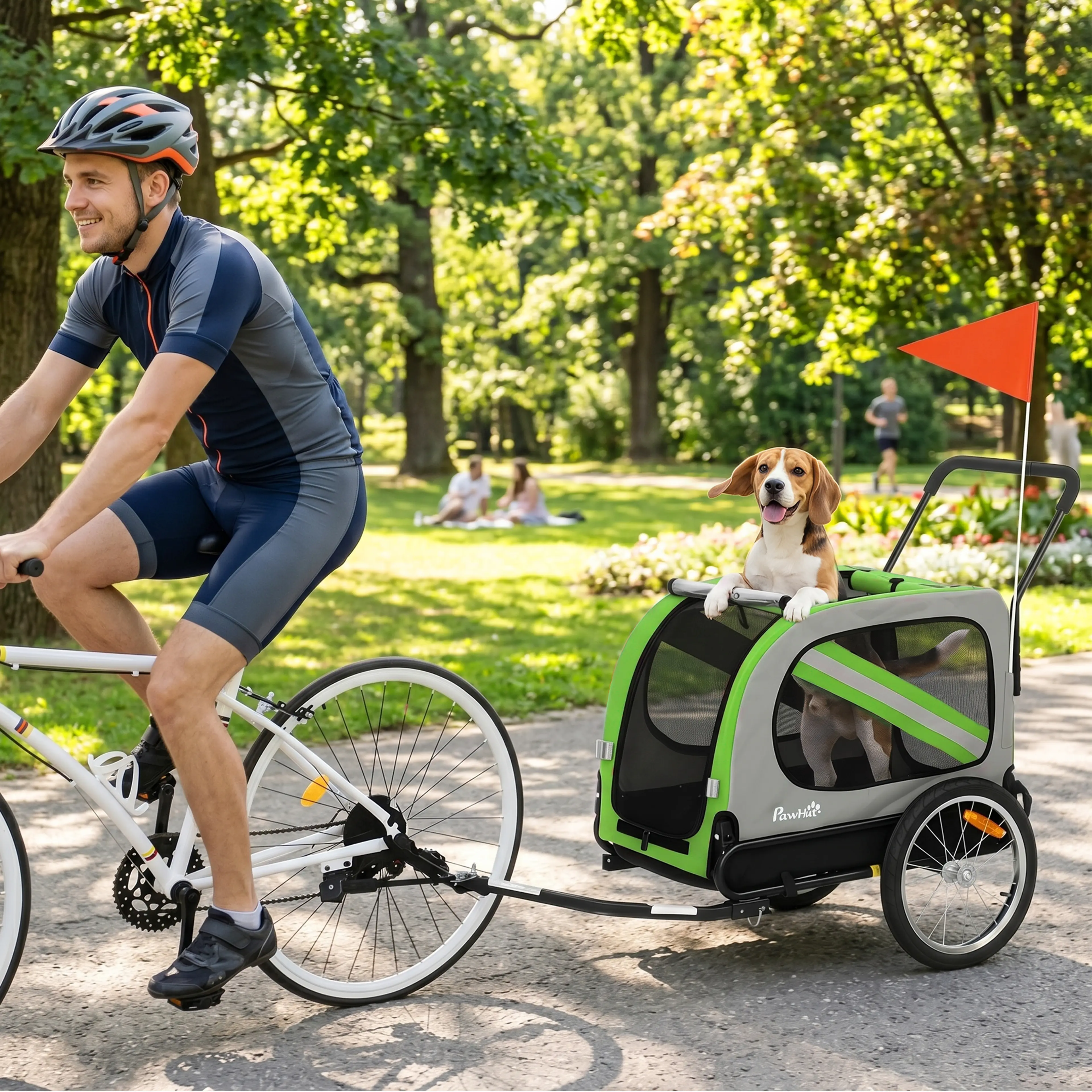 Hunden tittar ut genom takfönstret medan vagnen dras efter cykeln