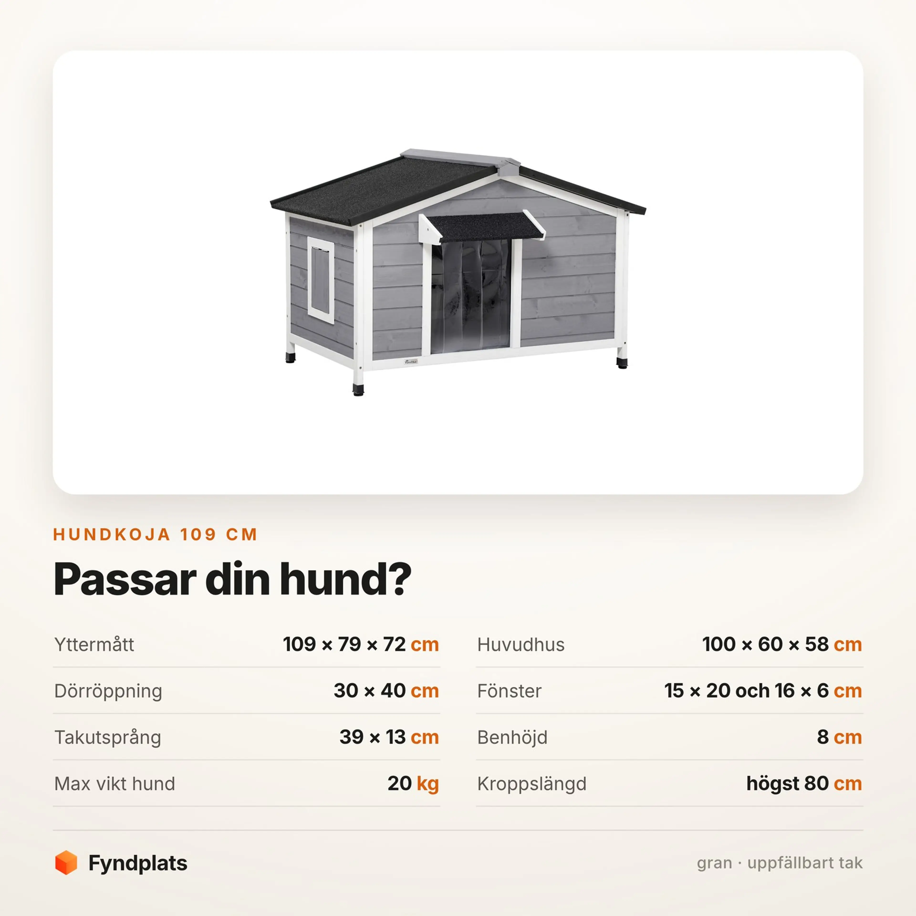 Faktakort: mått och passform för hundkojan på 109 cm