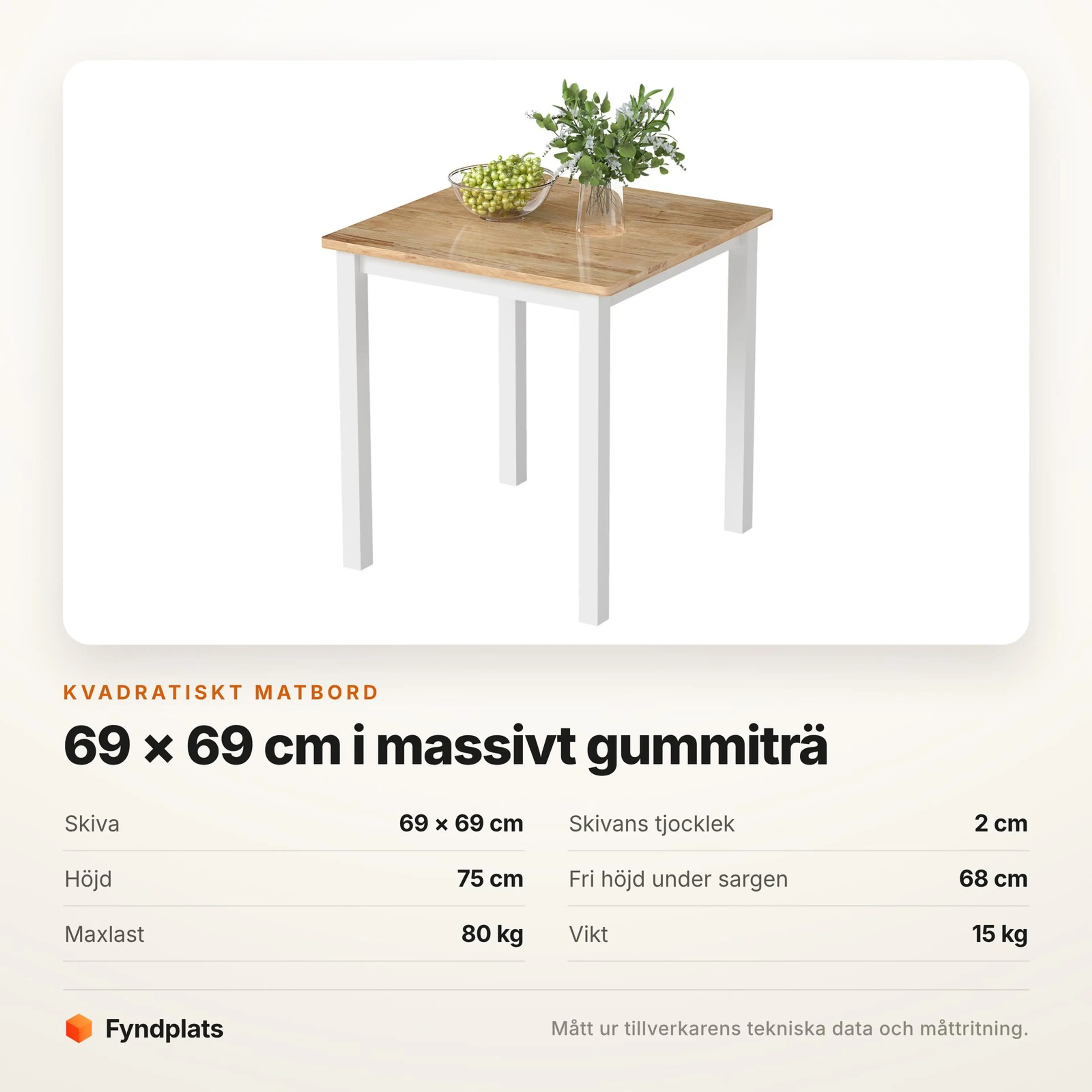 Specifikationskort för det kvadratiska matbordet med skivmått, fri höjd och maxlast