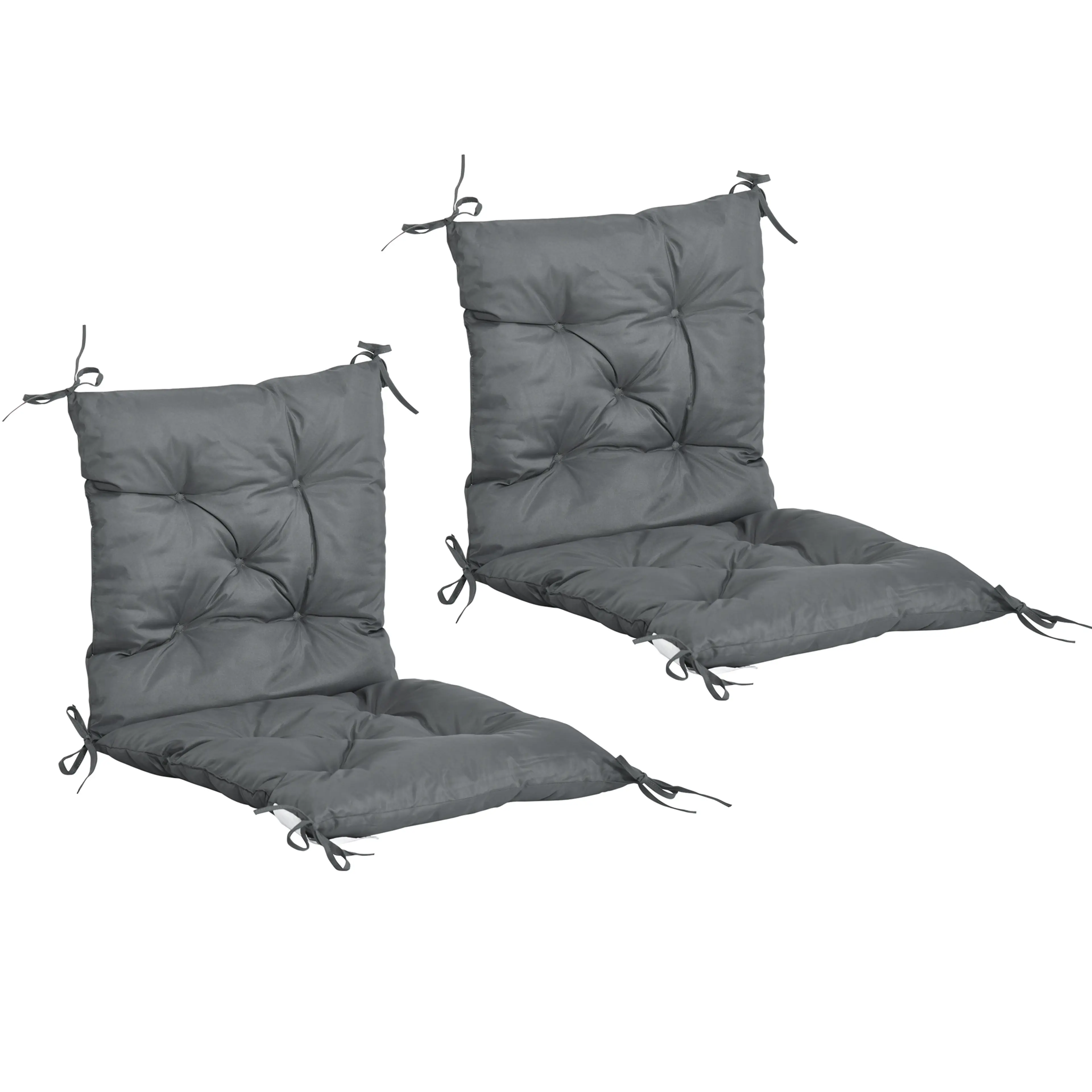 Stolsdynor med låg rygg, 2-pack – 98 × 50 cm, 8 cm tjocka, knytband i färgen mörkgrå