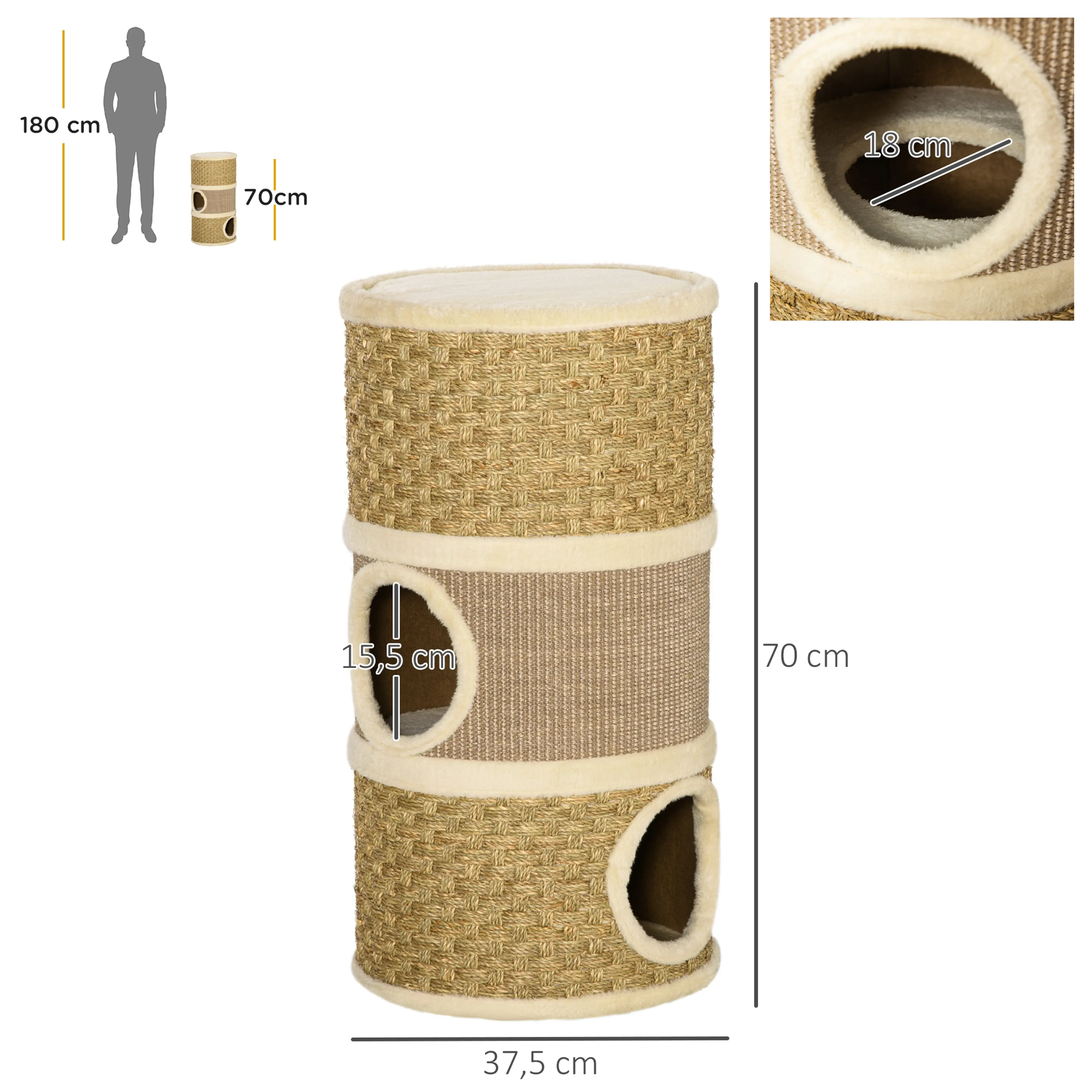 Måttritning med 37,5 cm diameter, 70 cm höjd och öppningarnas mått