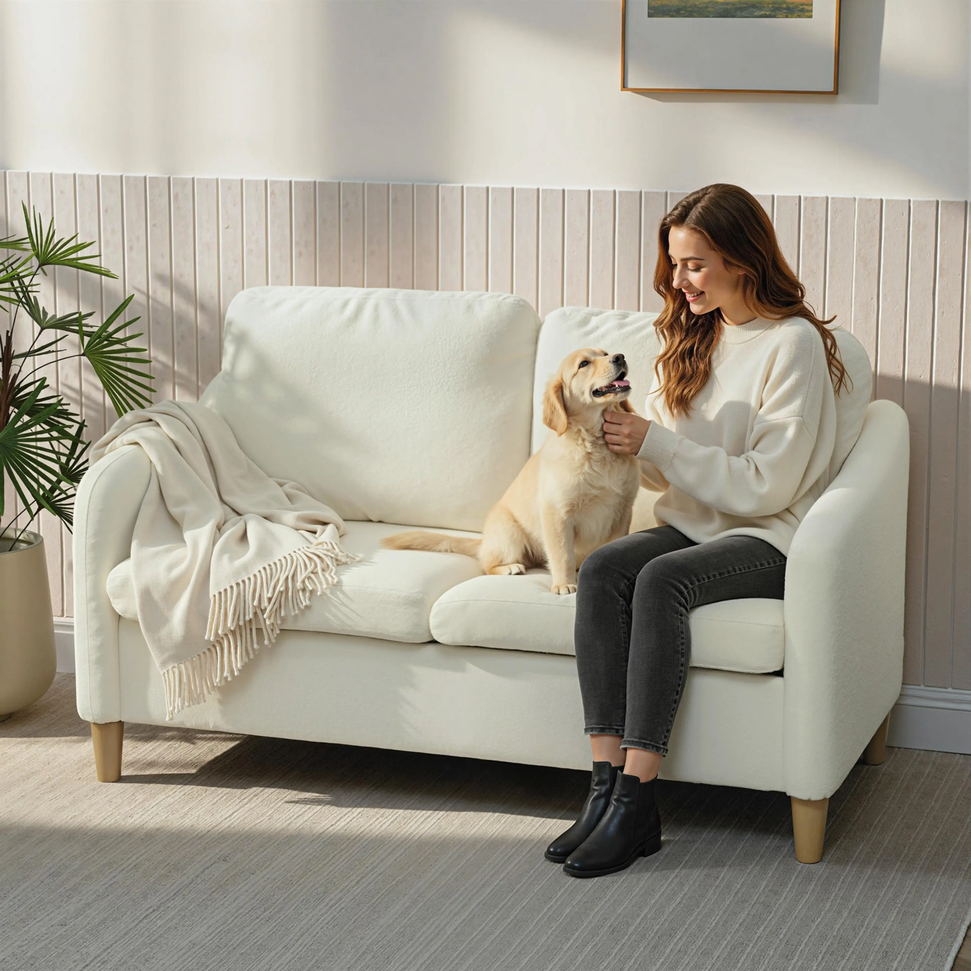 Kvinna med hund i soffan och en pläd draperad över ena armstödet