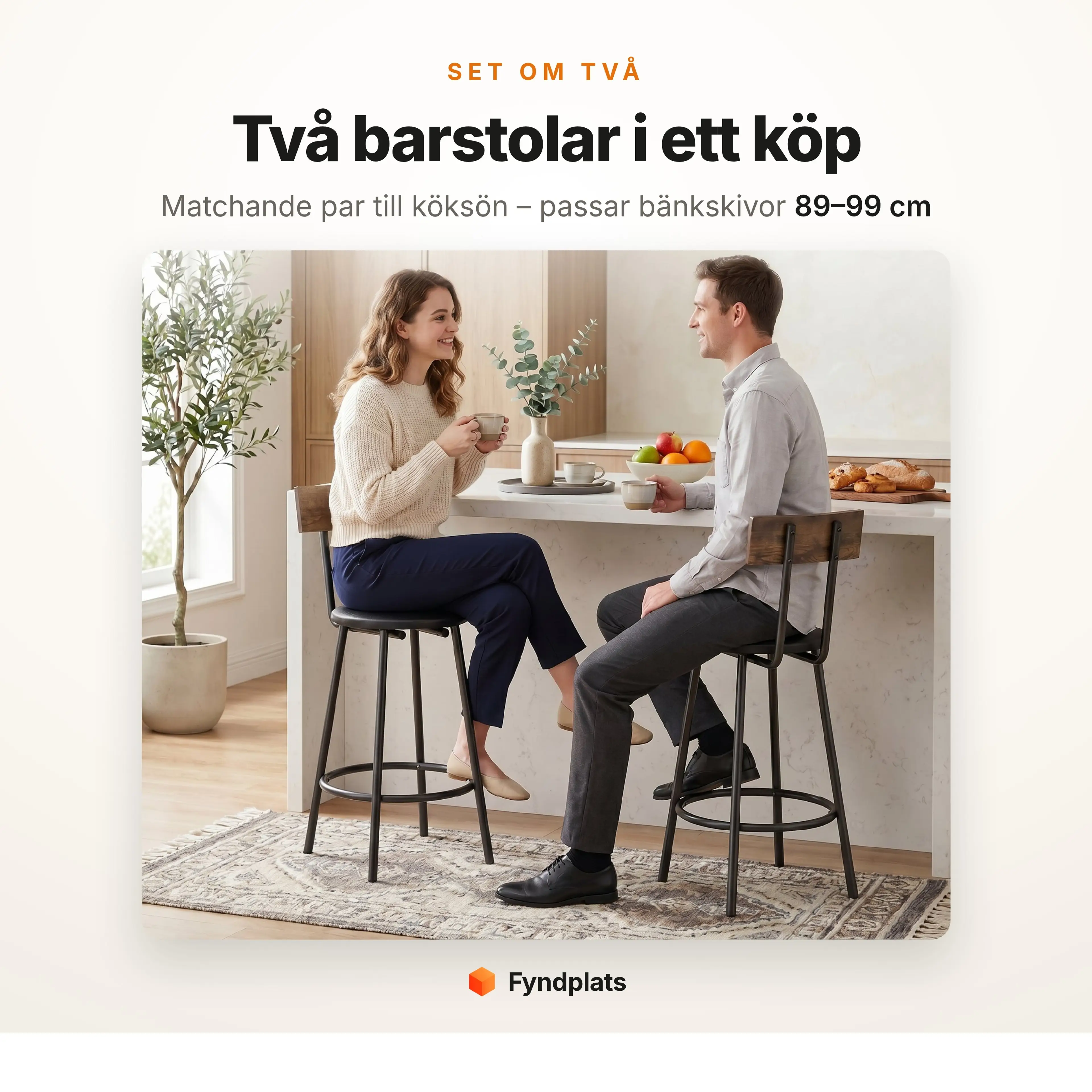 Barstolar med ryggstöd säljs som set om två och passar bänkskivor på 89–99 cm