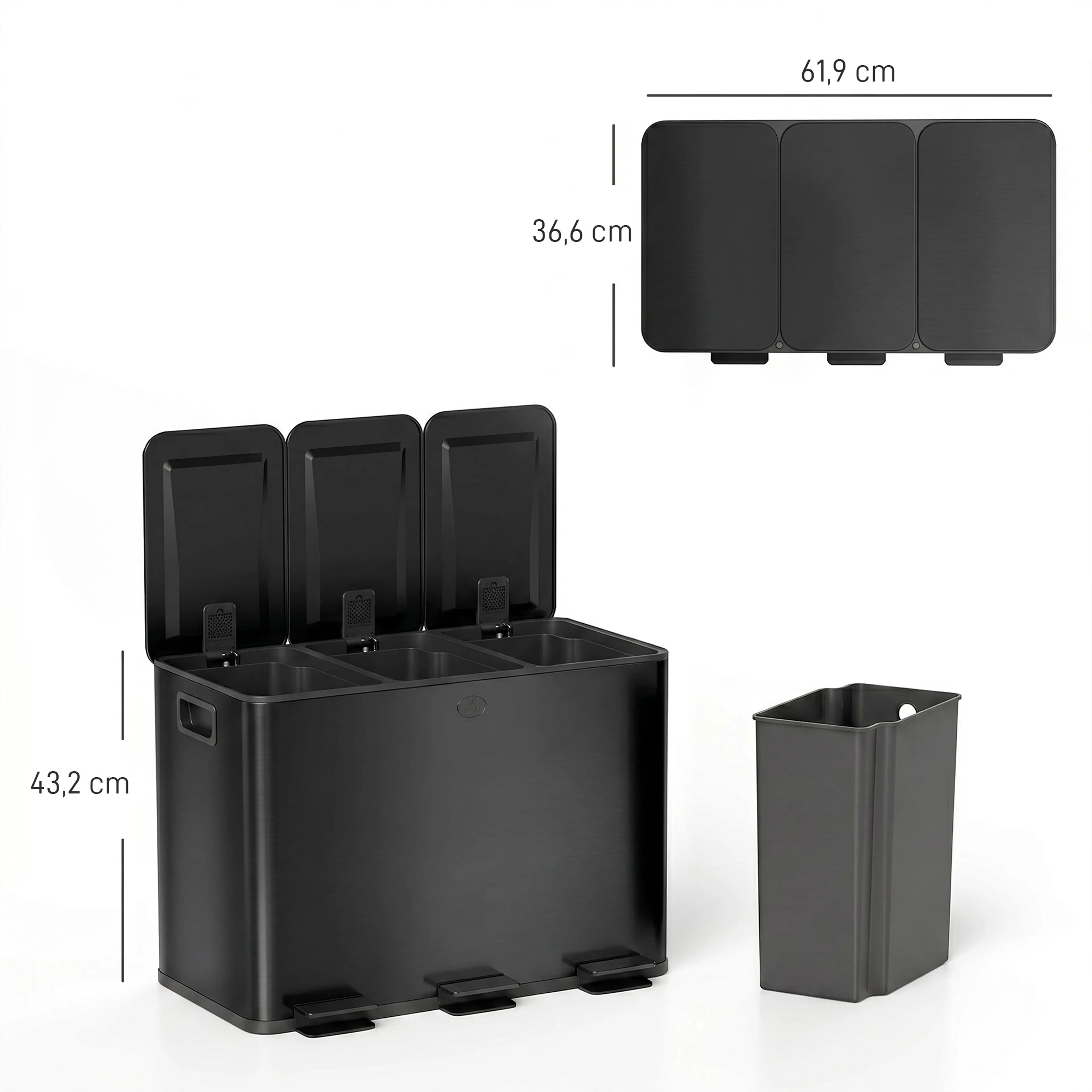 Måttskiss: 61,9 × 36,6 cm i golvyta, 43,2 cm hög, tre fack om 15 liter