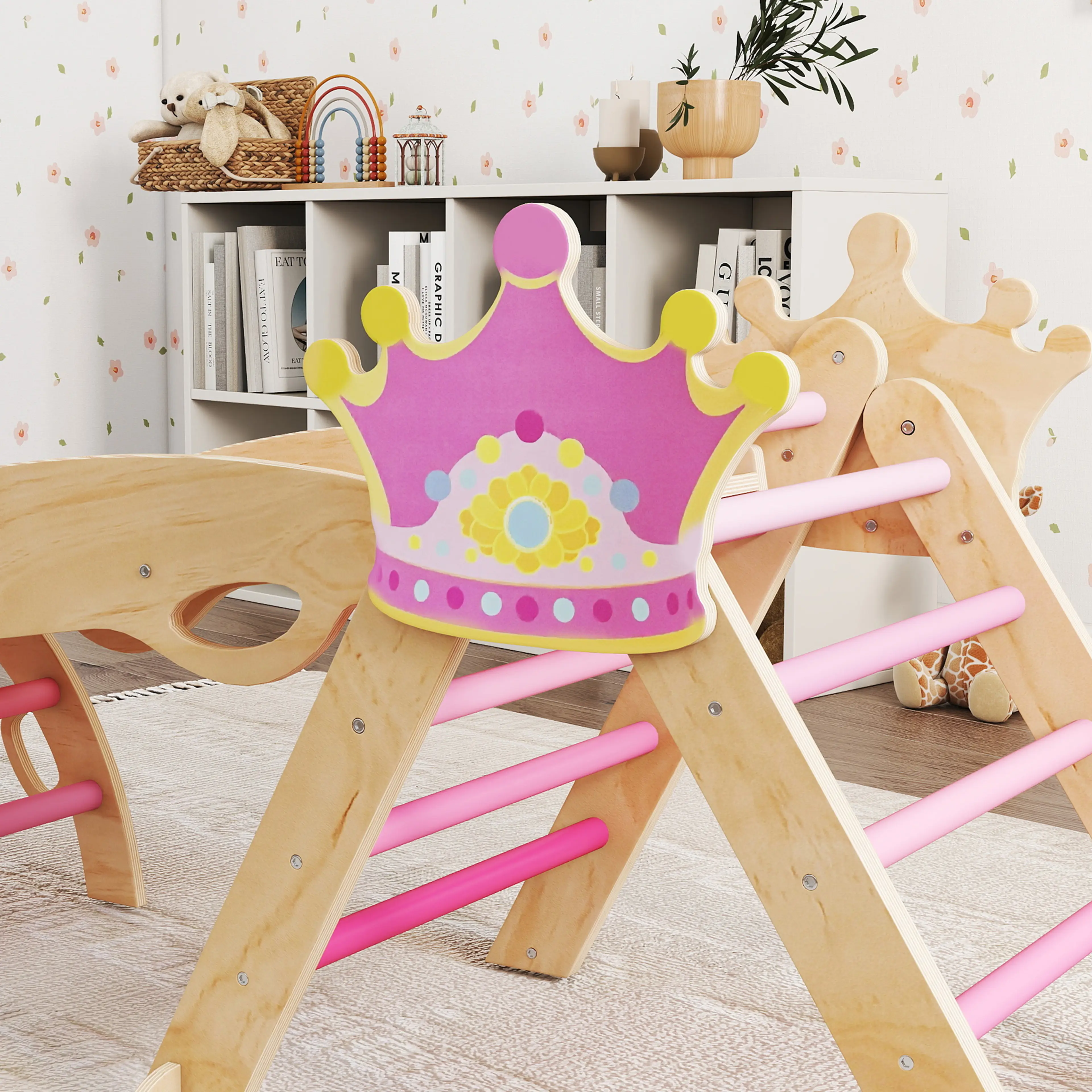 Närbild på prinsesskronan och de rosa pinnarna