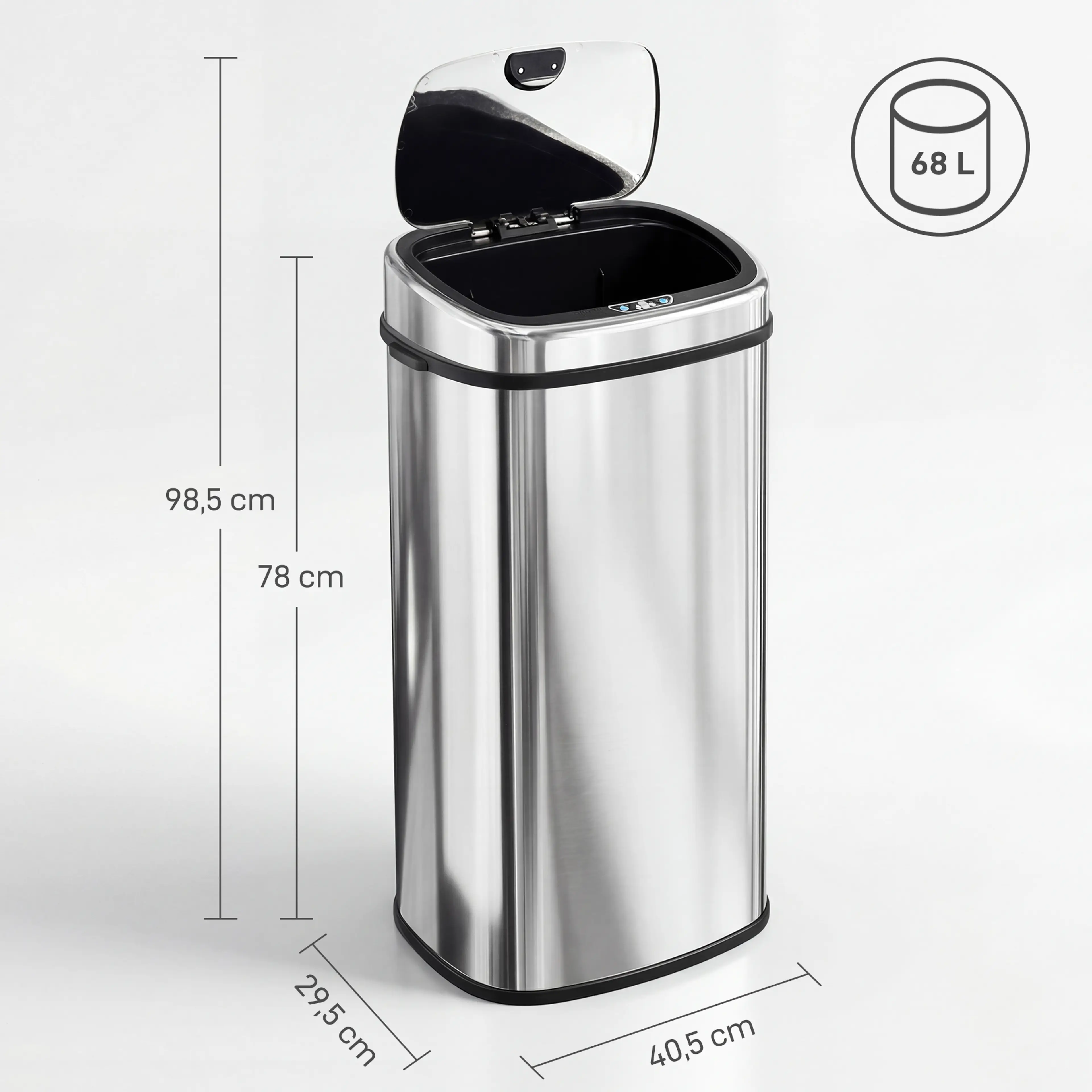 Måttskiss: 40,5 × 29,5 cm i golvyta, 78 cm hög och 98,5 cm med locket uppe