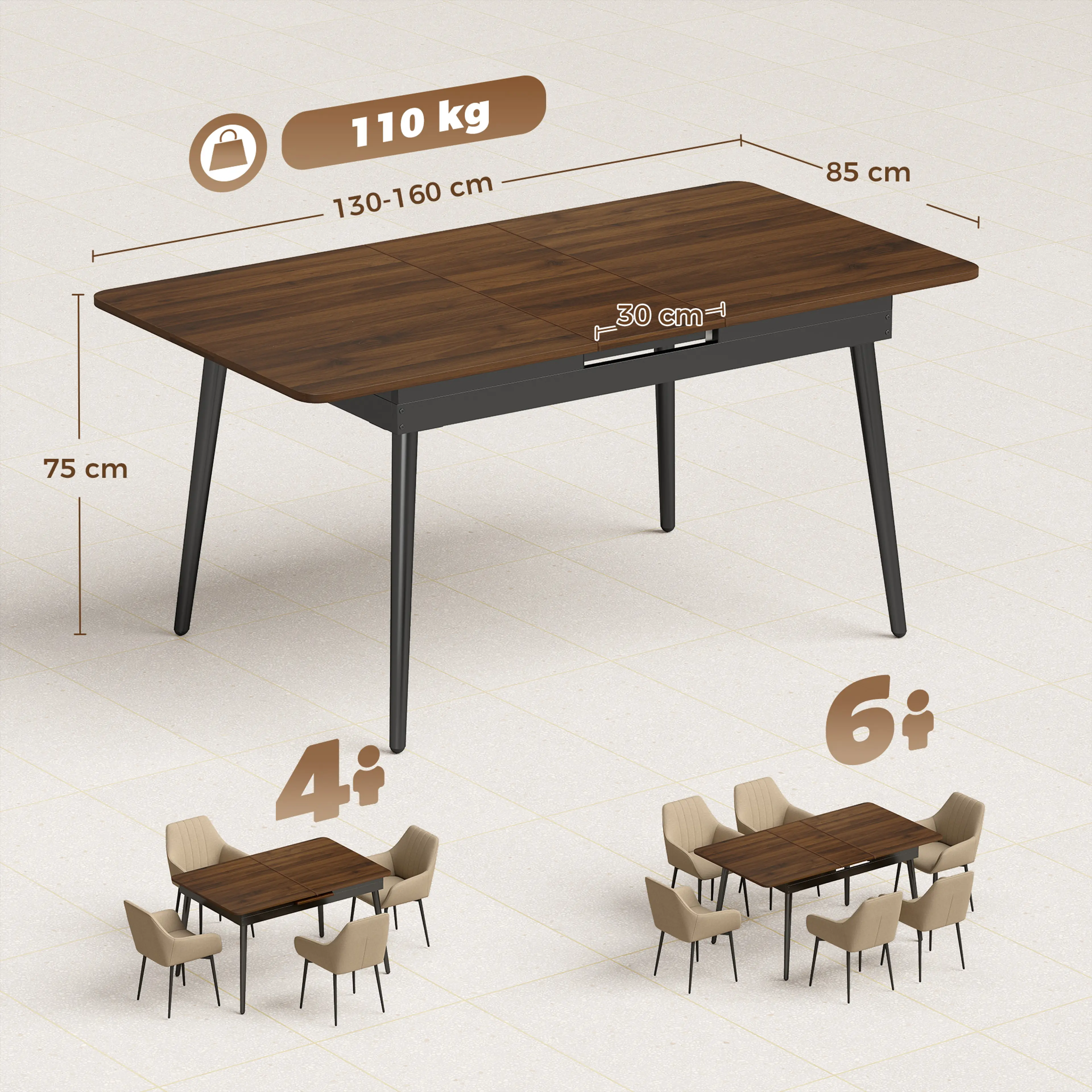 Måttbild: bordet mäter 130–160 × 85 cm, är 75 cm högt, bär 110 kg och rymmer 4 eller 6 personer