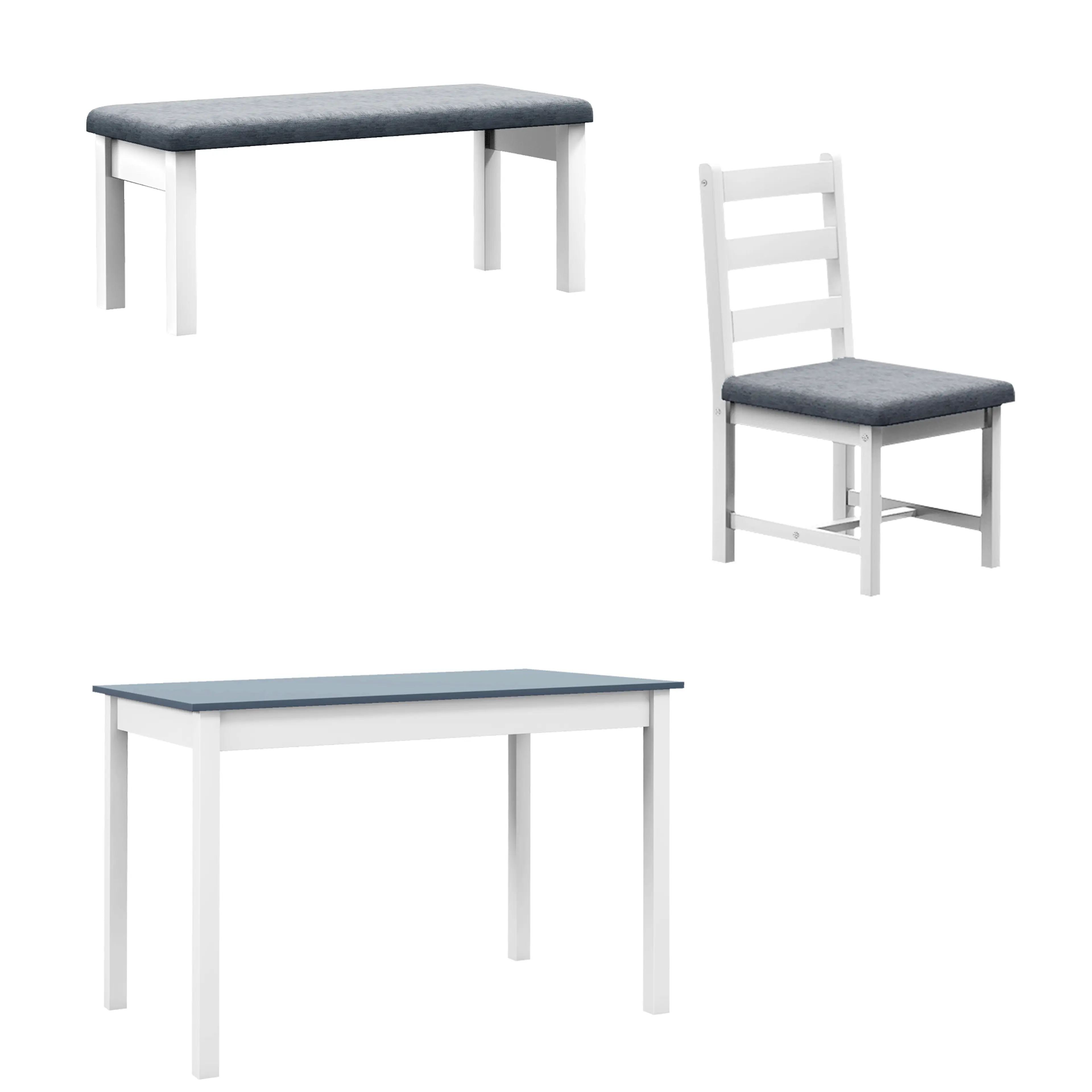 Matgrupp med bord, bänk och två stolar i furu, vit ram och grå linnelook