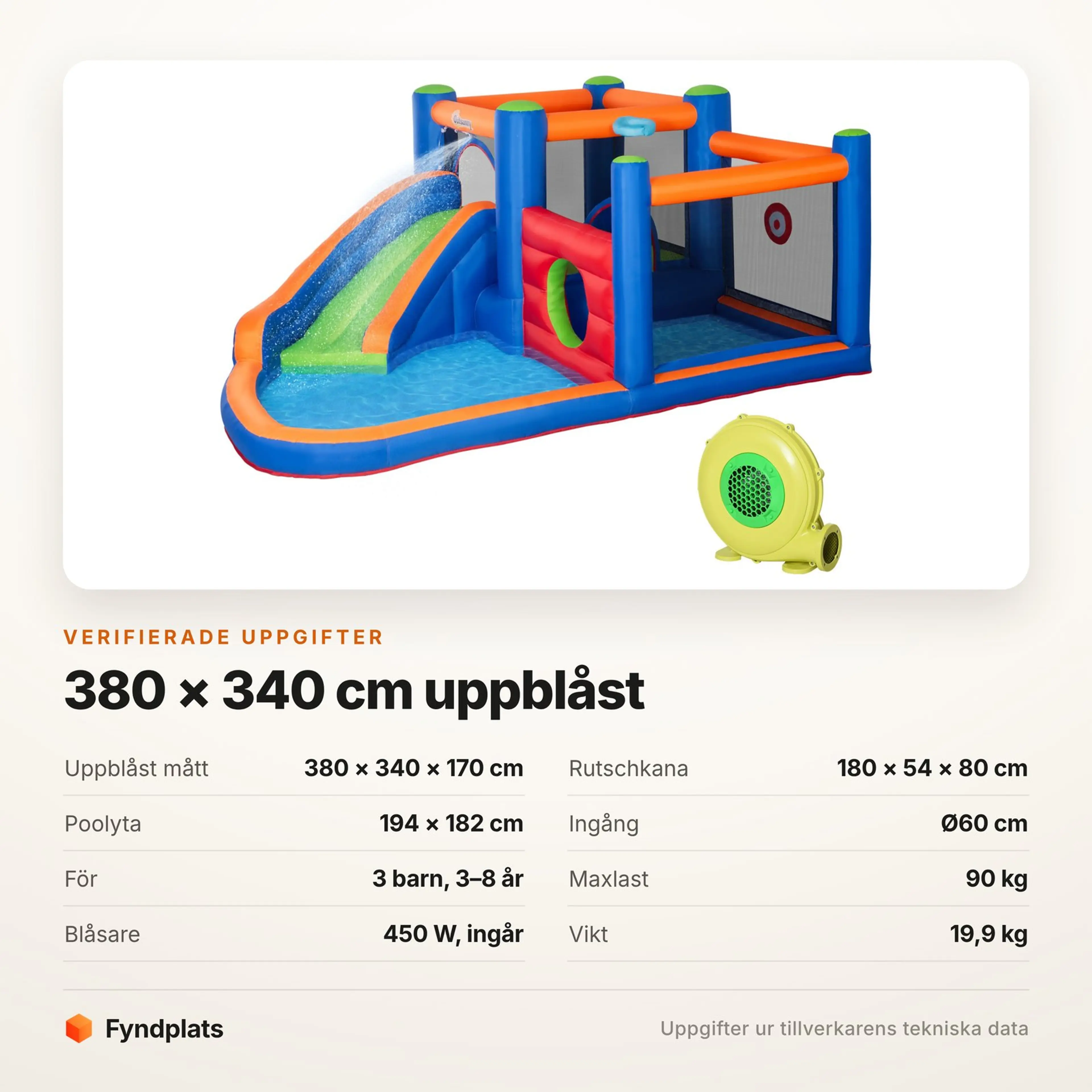 Specifikationer för hoppborgen: 380 × 340 × 170 cm uppblåst, för tre barn 3–8 år och maxlast 90 kg