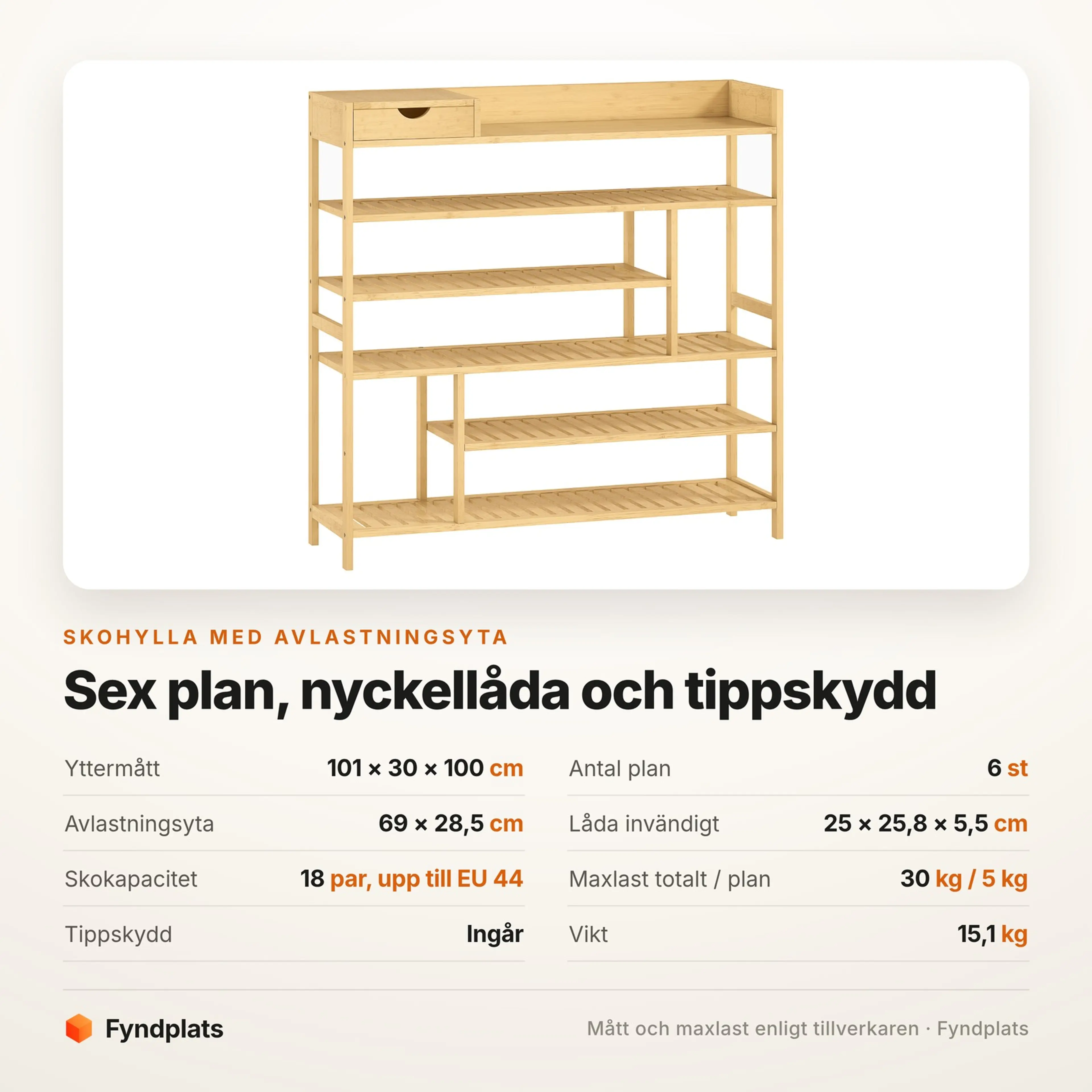 Spec-kort för skohyllan: 101 × 30 × 100 cm, sex plan, 18 par och tippskydd