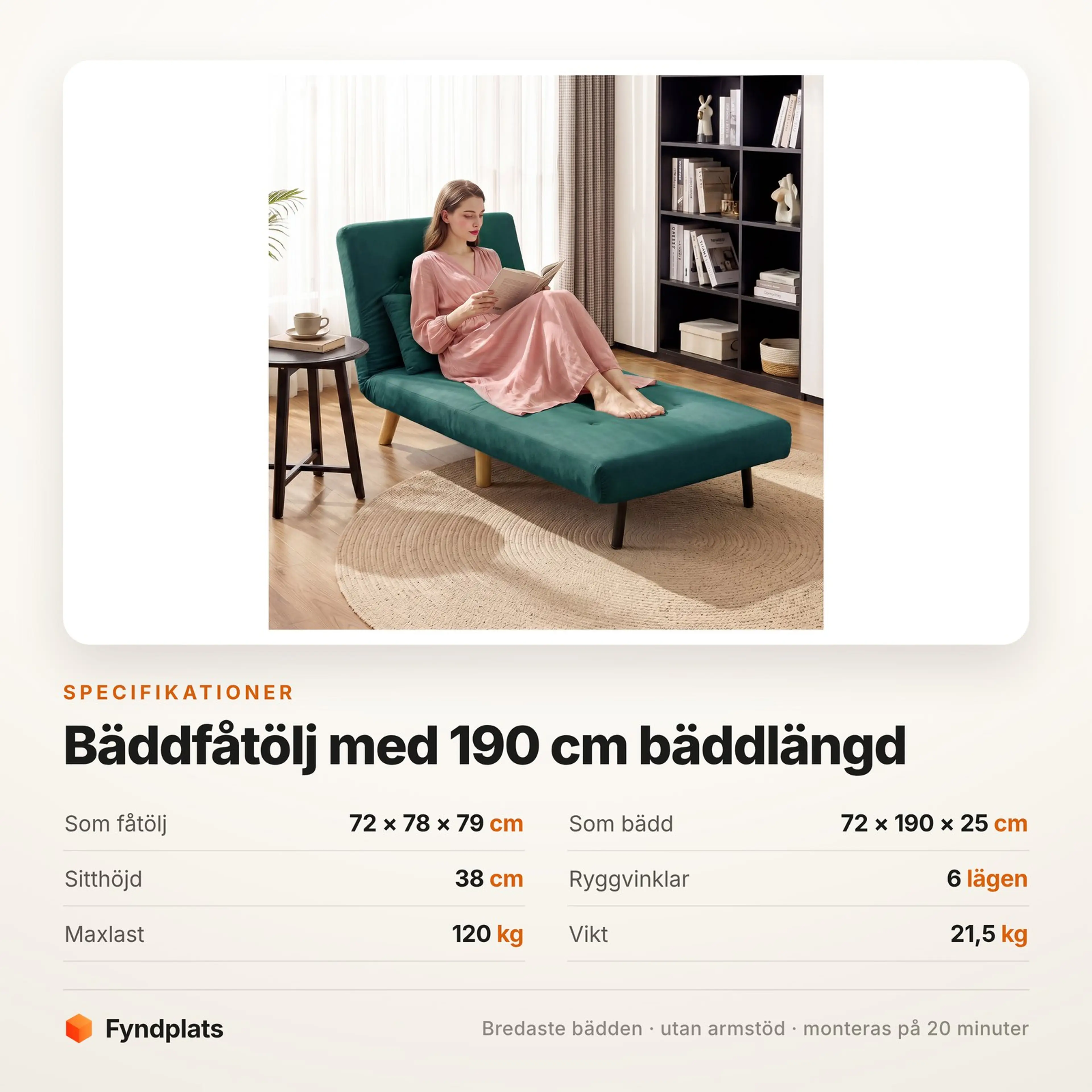 Bäddfåtölj med 190 cm bäddlängd och sex ryggvinklar, mörkgrön – bild 5