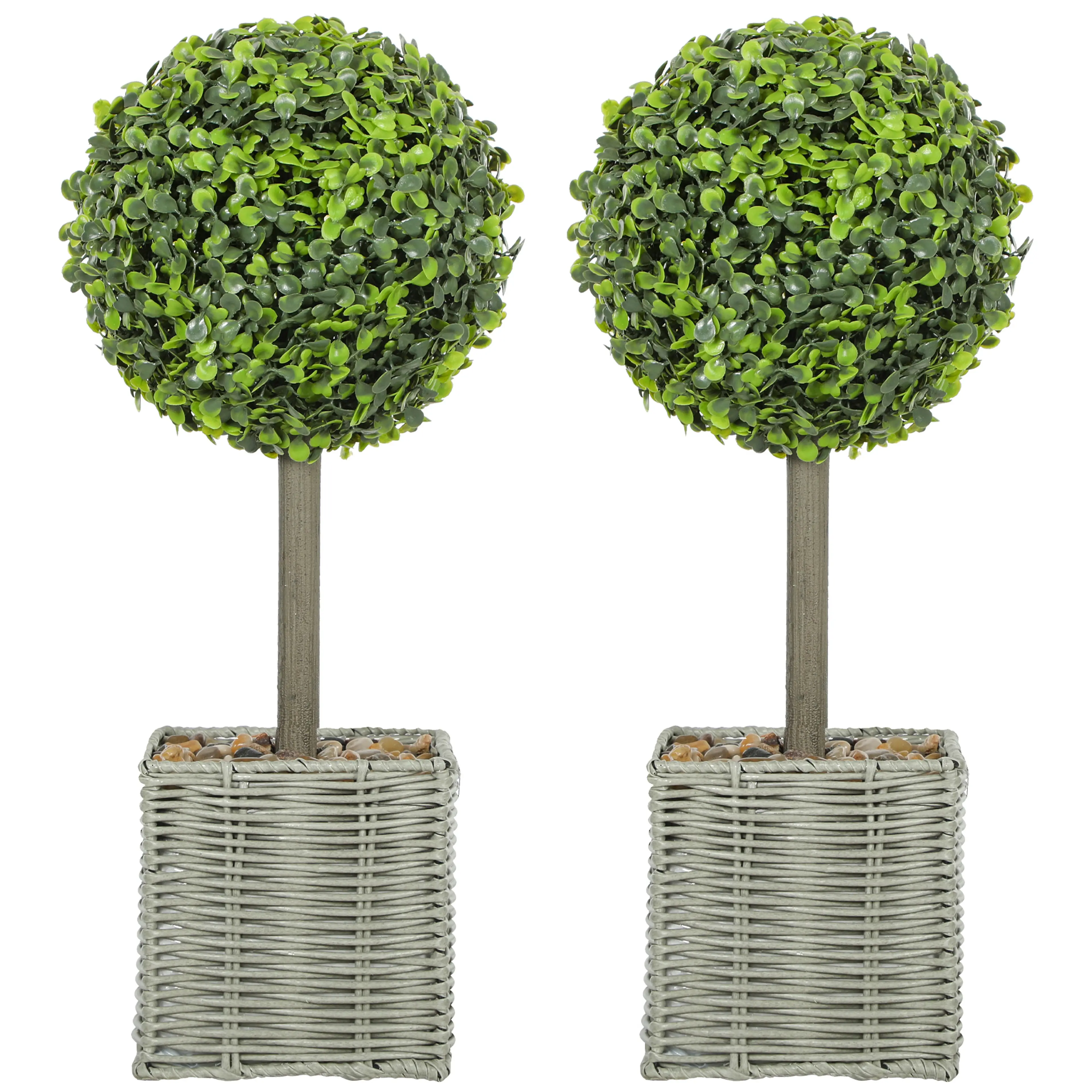 Konstgjorda buxbomsklot 2-pack 50 cm – flätad kruka med sten