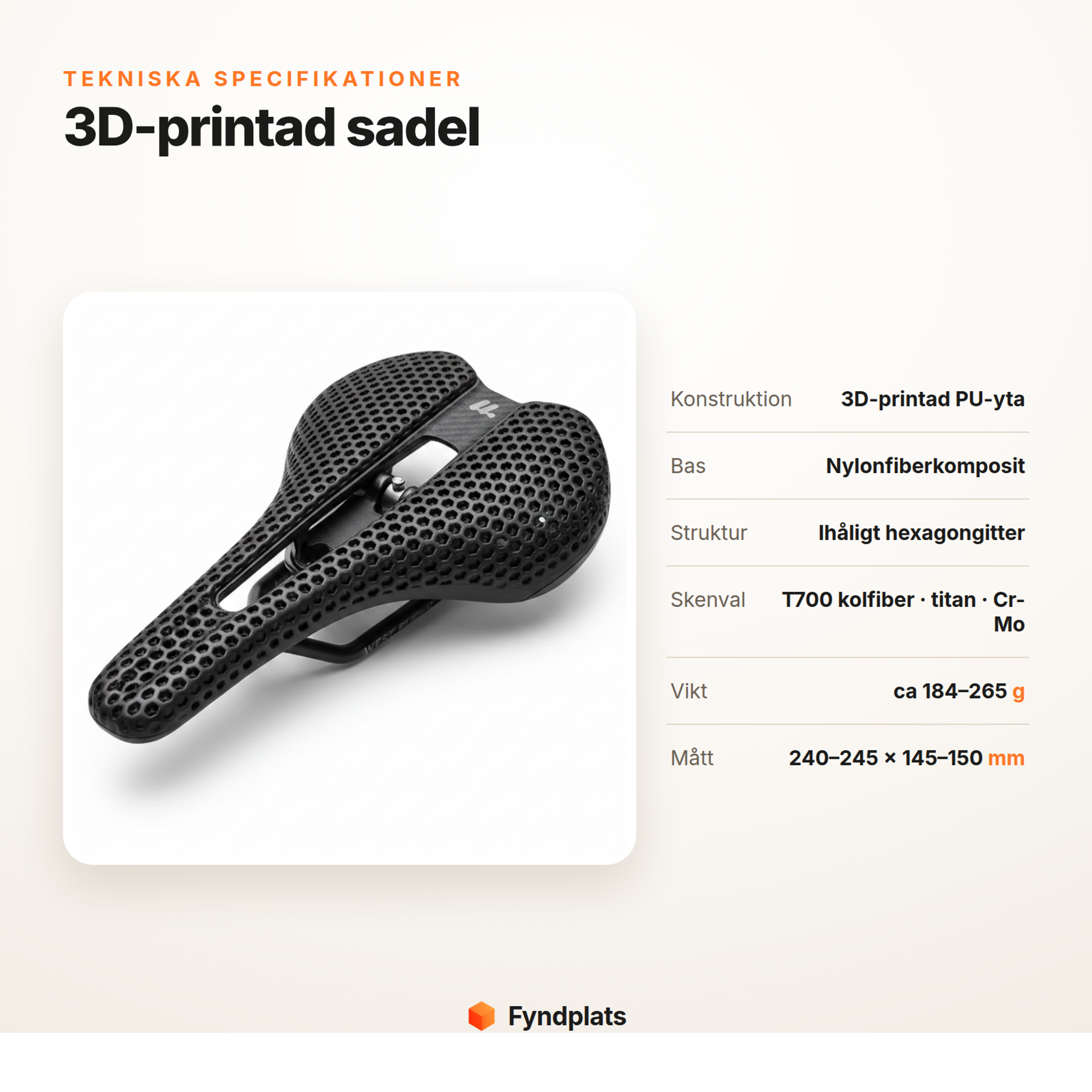 Fyndplats-kort: tekniska specifikationer för 3D-printad sadel