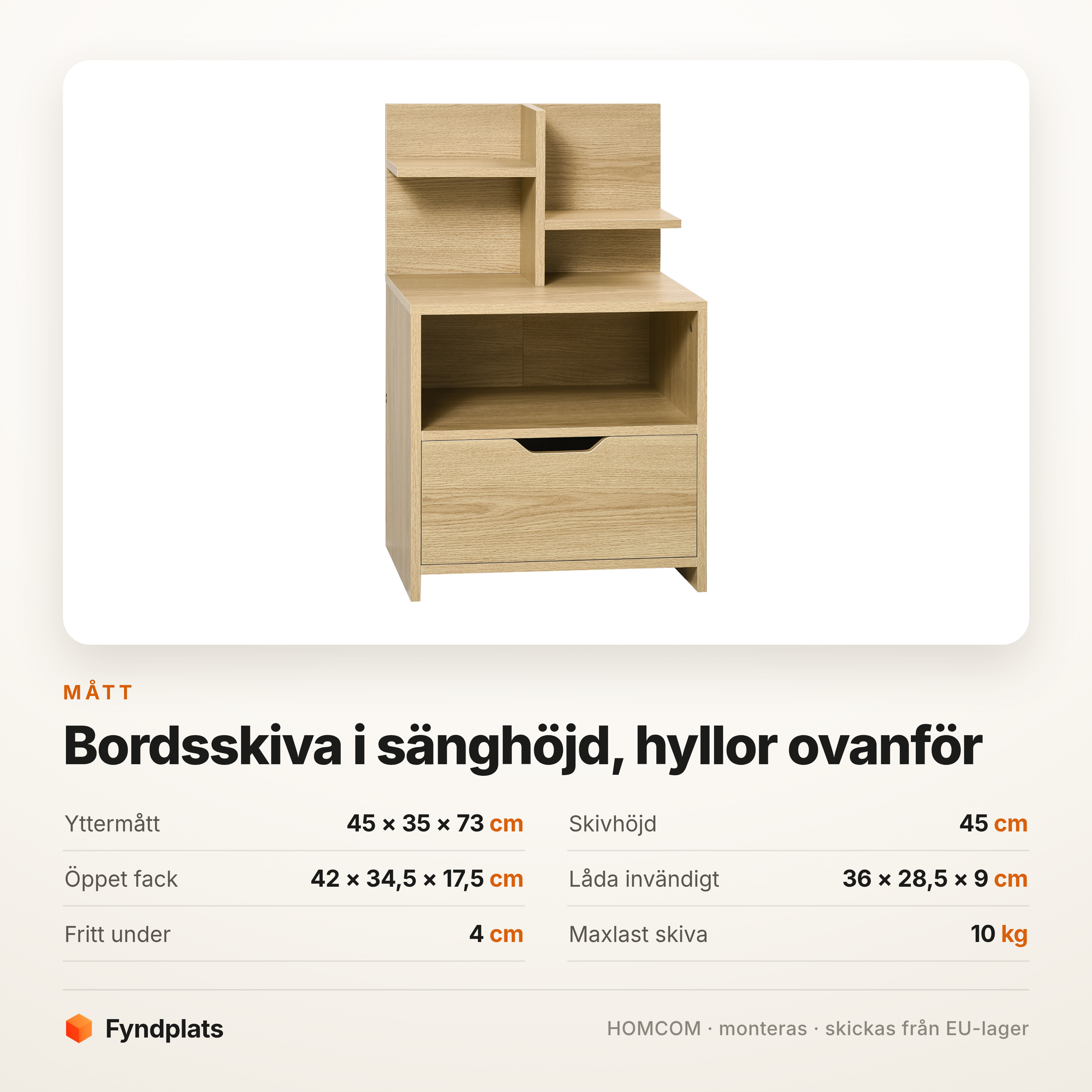 Mått: 45 × 35 × 73 cm, skivan på 45 cm, öppet fack 42 × 34,5 × 17,5 cm