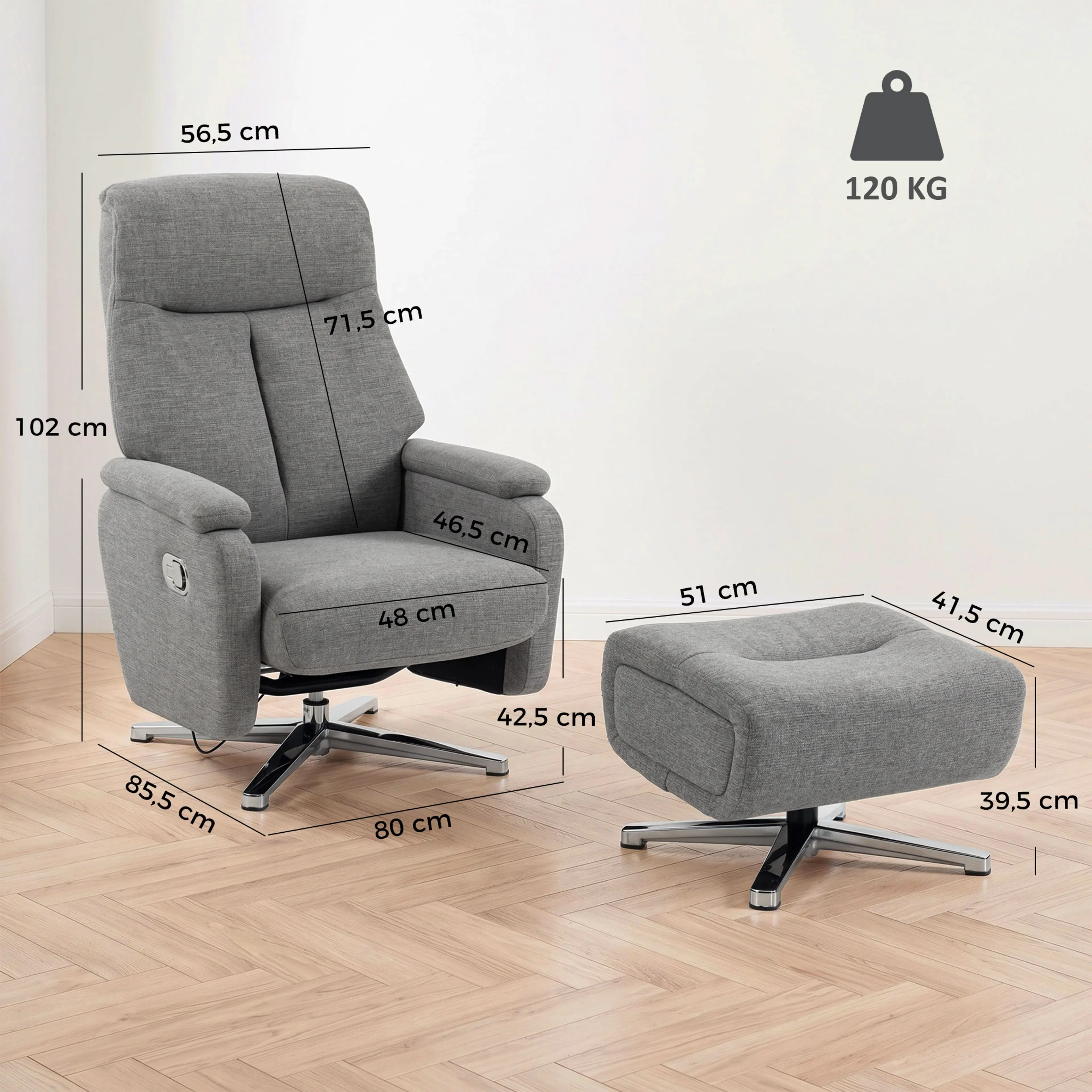 Måttbild: fåtöljen är 80 × 85,5 cm och 102 cm hög, sitsen 48 × 46,5 cm och bärförmågan 120 kg