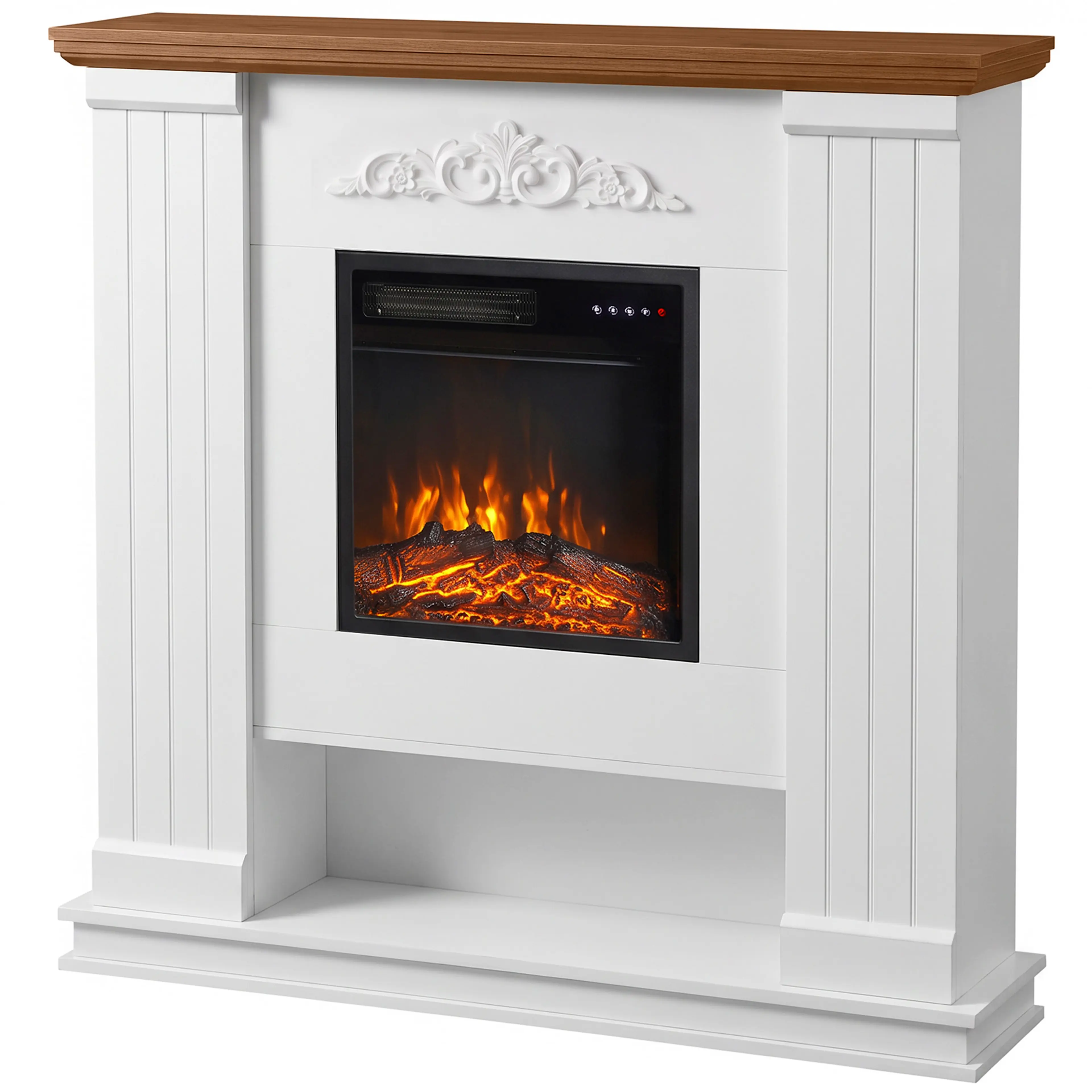 Vit elkamin med klassisk mantel med räfflade pelare, ett ornament i relief och en brun ovansida i ek, med lågor över vedträn och en öppen hylla under, mot vit bakgrund