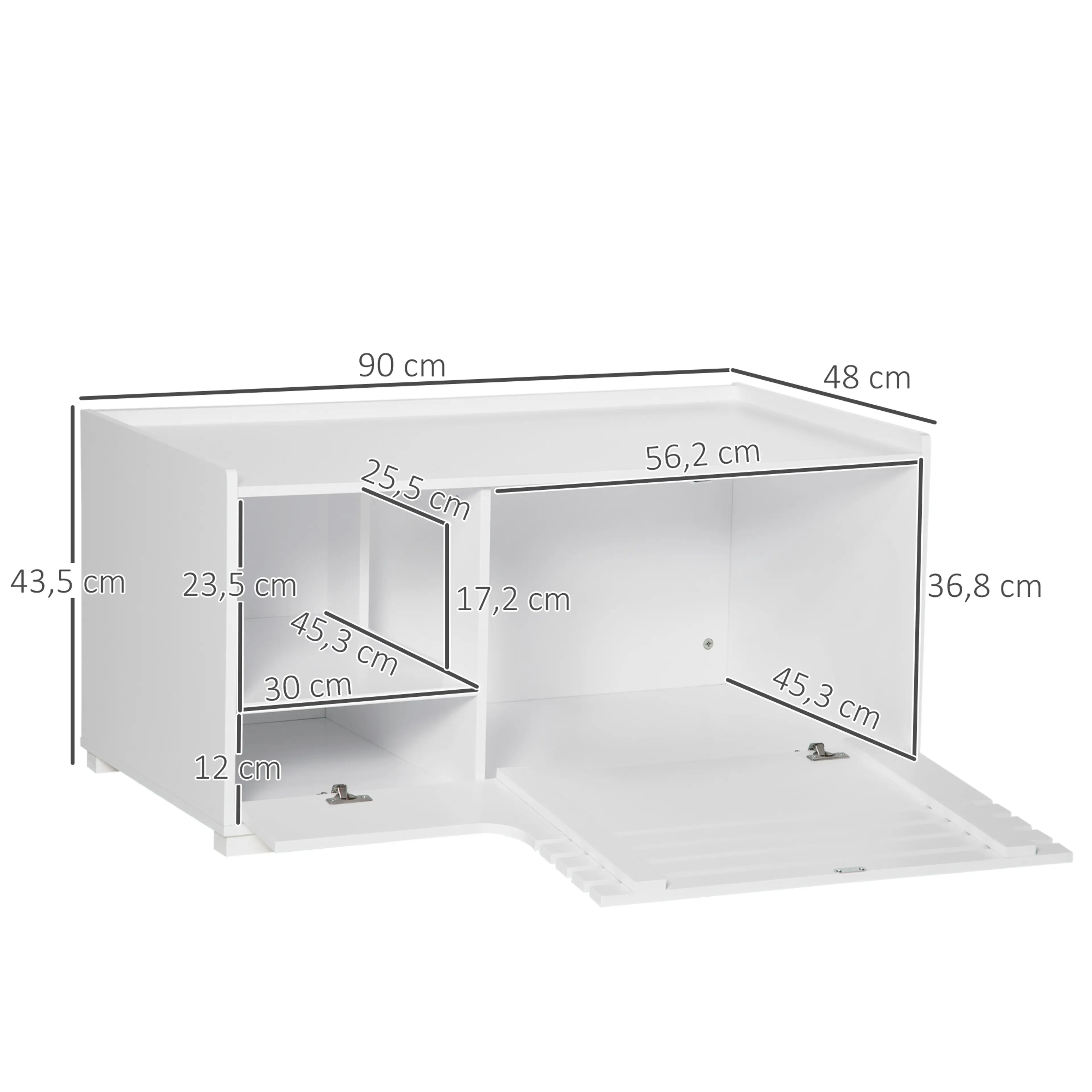 Måttbild: möbeln är 90 × 48 × 43,5 cm, kattlådans utrymme 56,2 × 45,3 × 36,8 cm och hålet i mellanväggen 25,5 × 17,2 cm