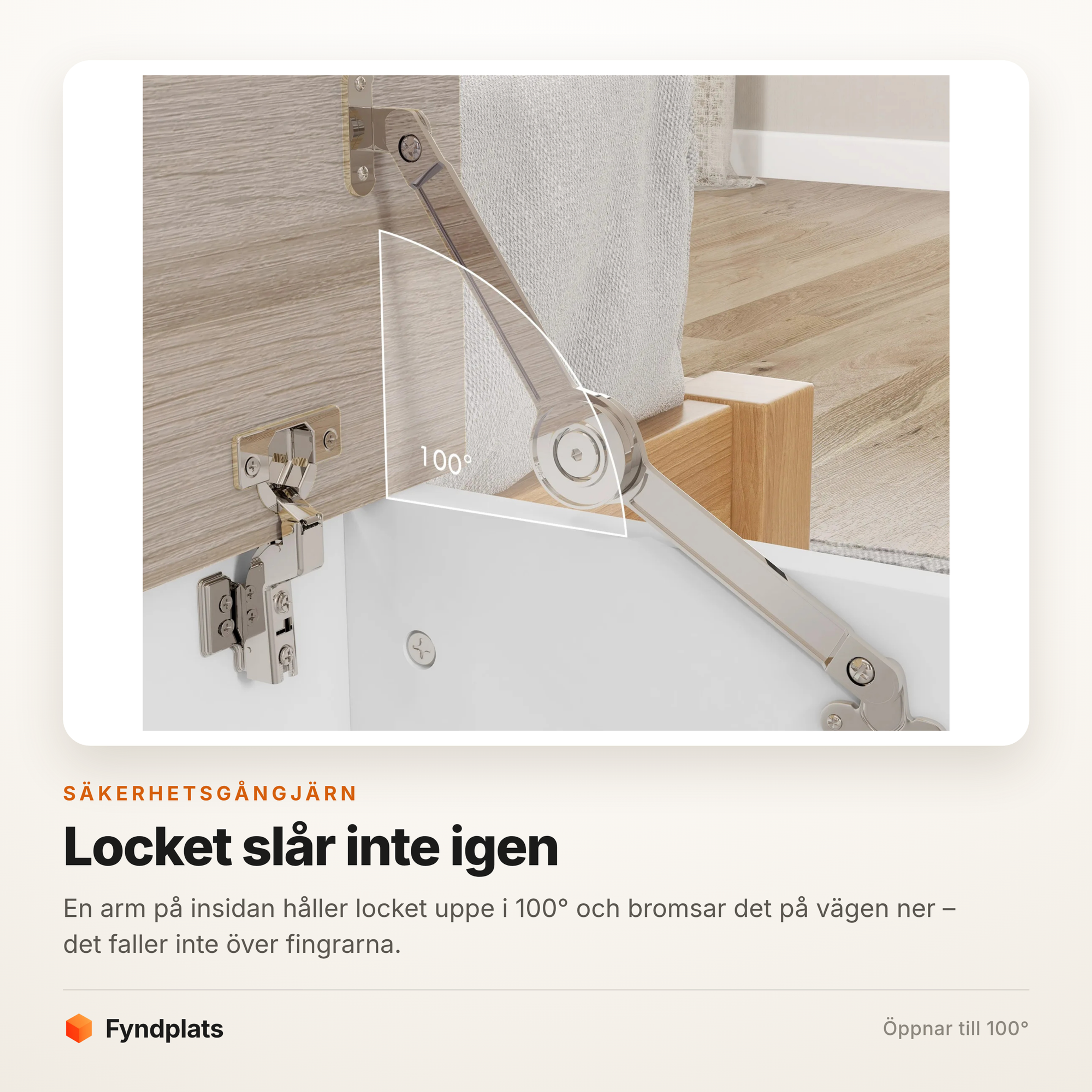 Närbild på gångjärnsarmen som håller locket uppe i 100 grader