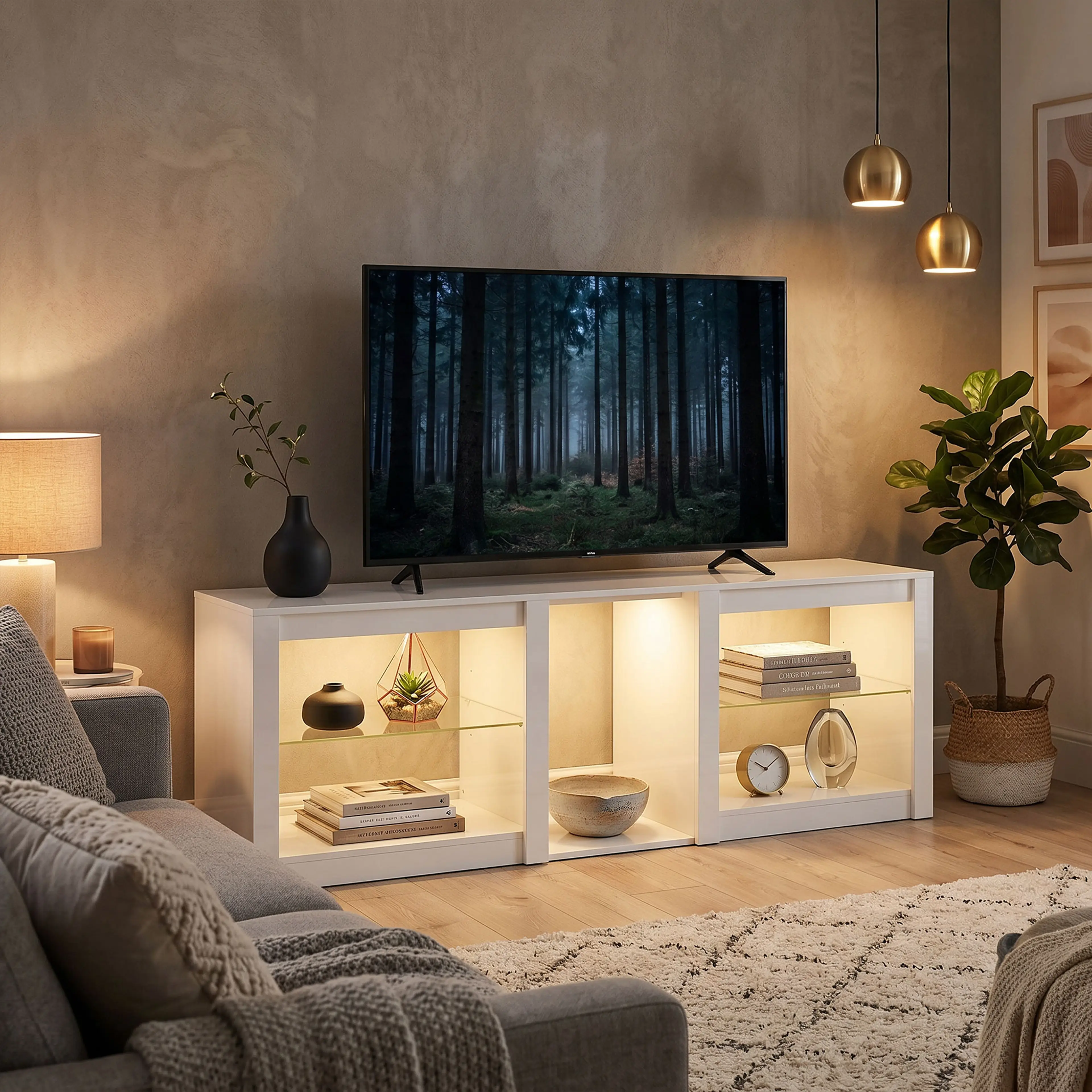 TV-bänk 160 cm med RGB-LED och glashylla – bild 2